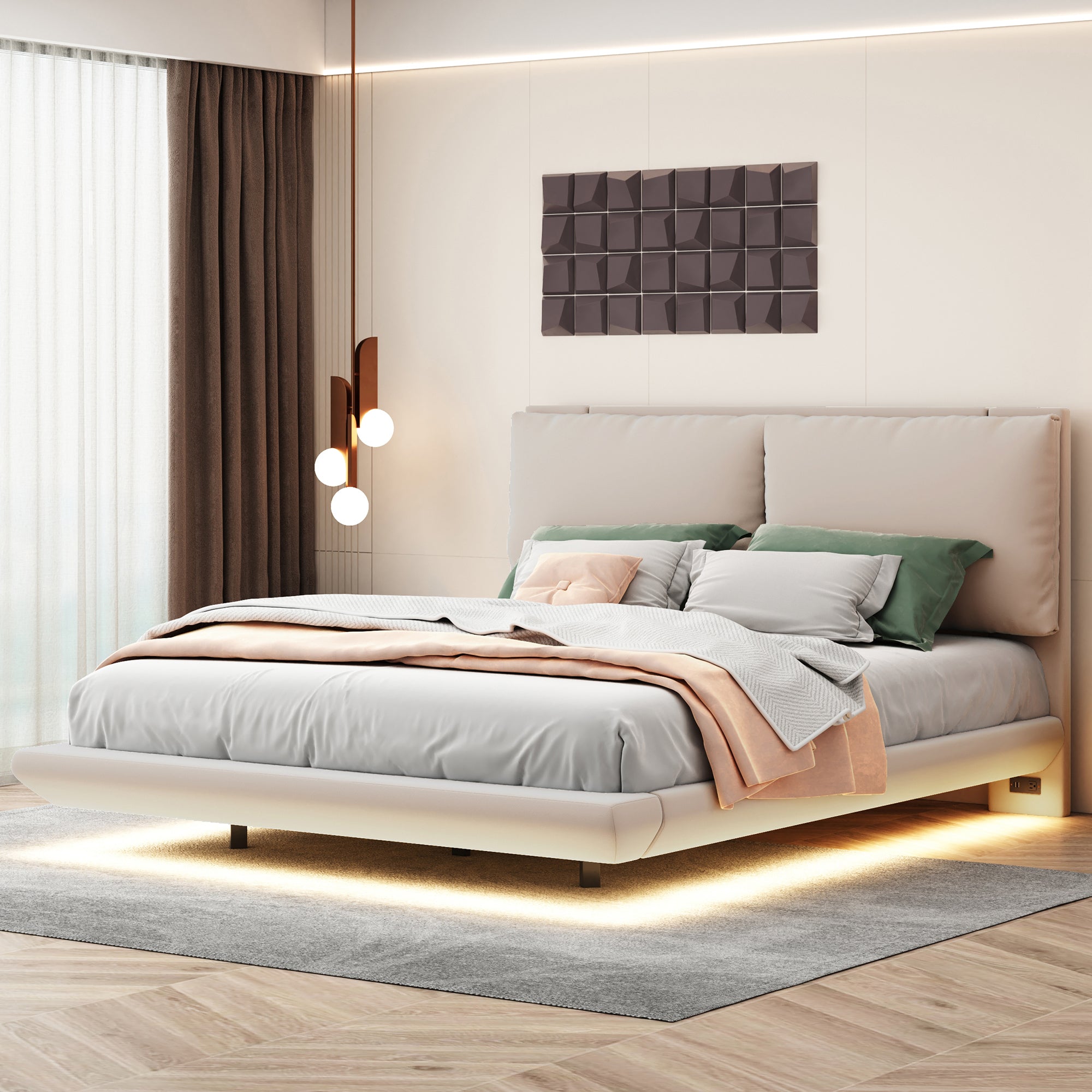 Queen Size Upholstered Platform Bed with Sensor Light and 2 Large Backrests, Stylish Platform Bed with 2 sets of USB Port and Socket on each rear Bed Leg, Beige - Atlantic Fine Furniture Melbourne FL