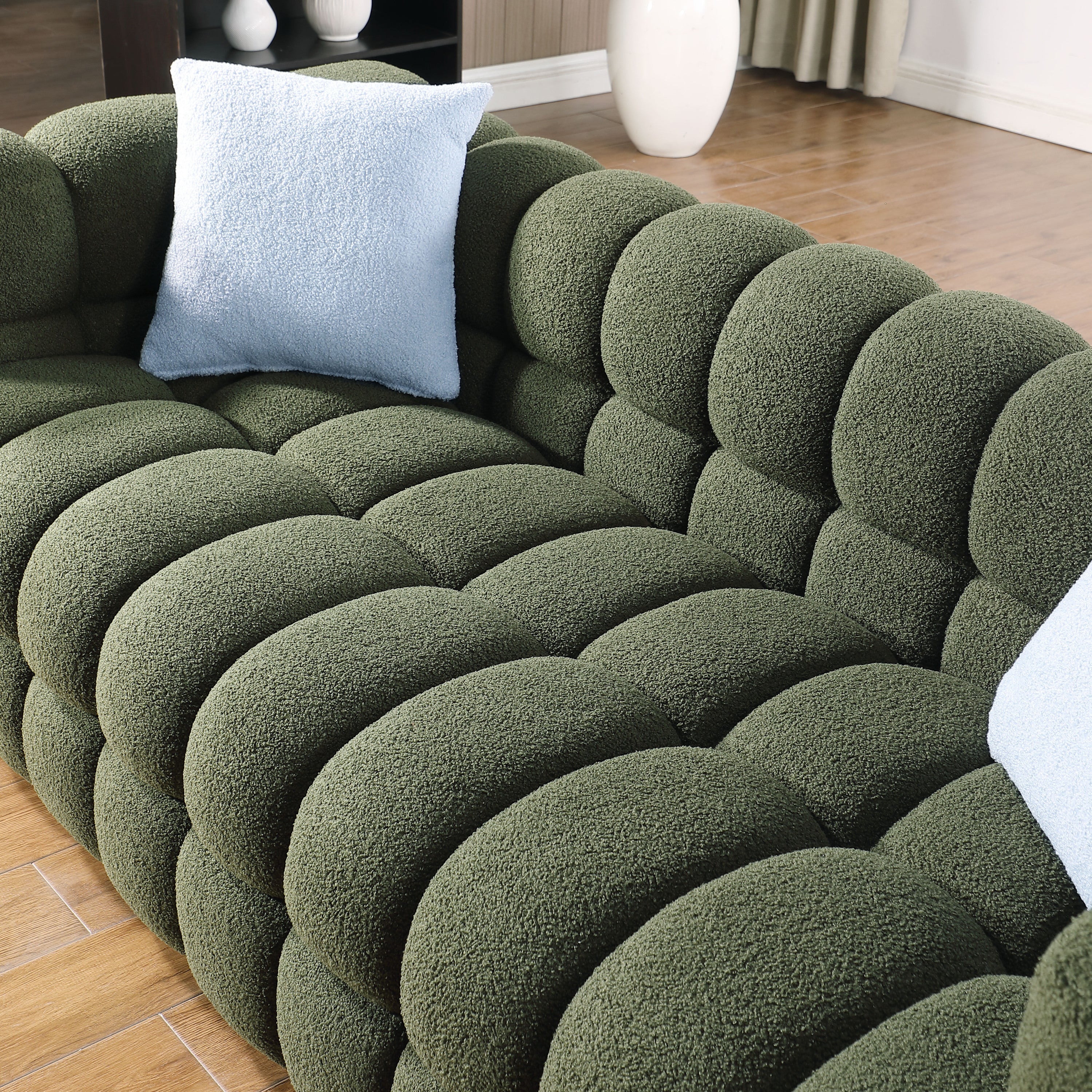 84.3 length ,35.83" deepth ,human body structure for USA people, marshmallow sofa,boucle sofa ,3 seater, OLIVE GREEN BOUCLE