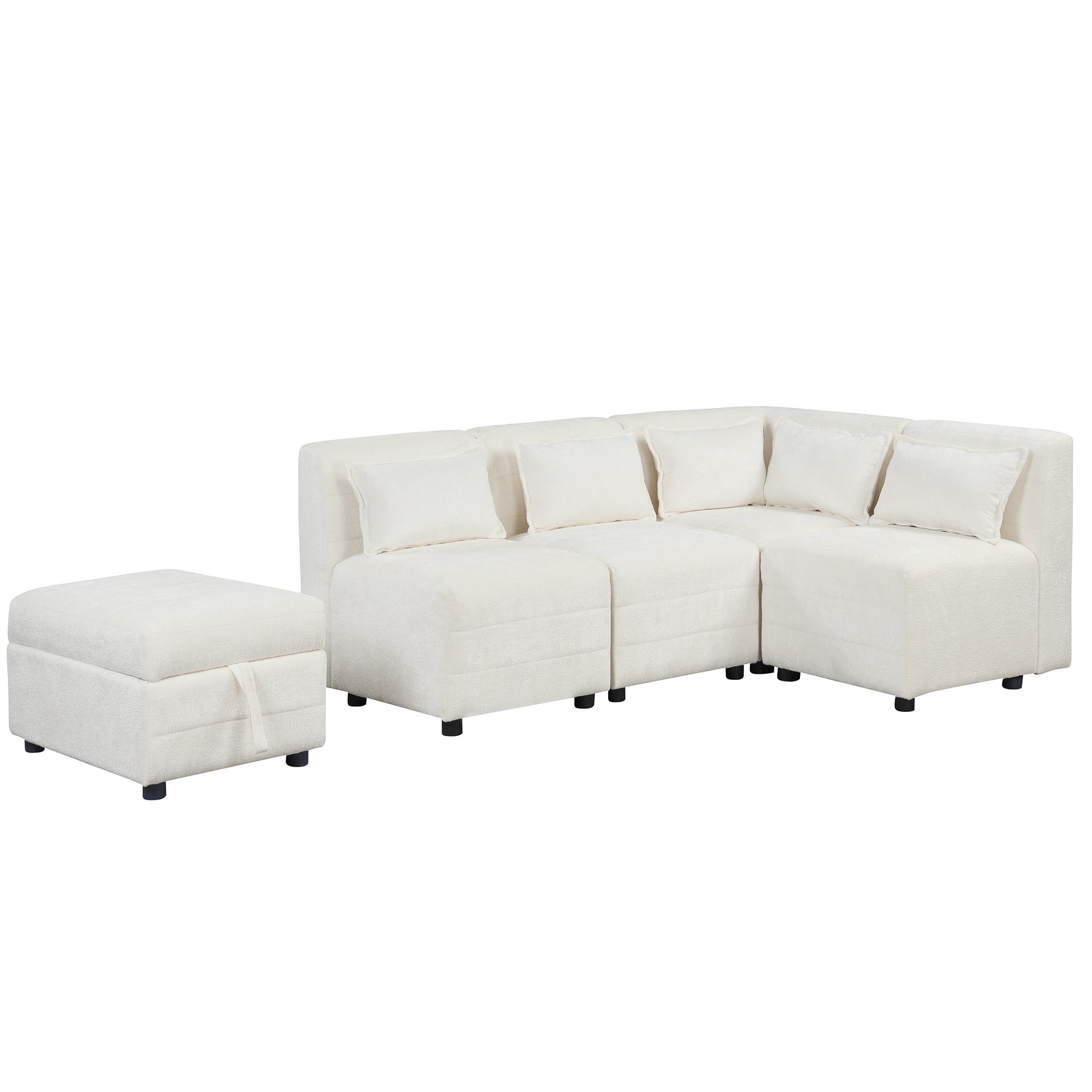 Free-Combined Sectional Sofa 5-seater Modular Couches with Storage Ottoman, 5 Pillows for Living Room, Bedroom, Office, Cream