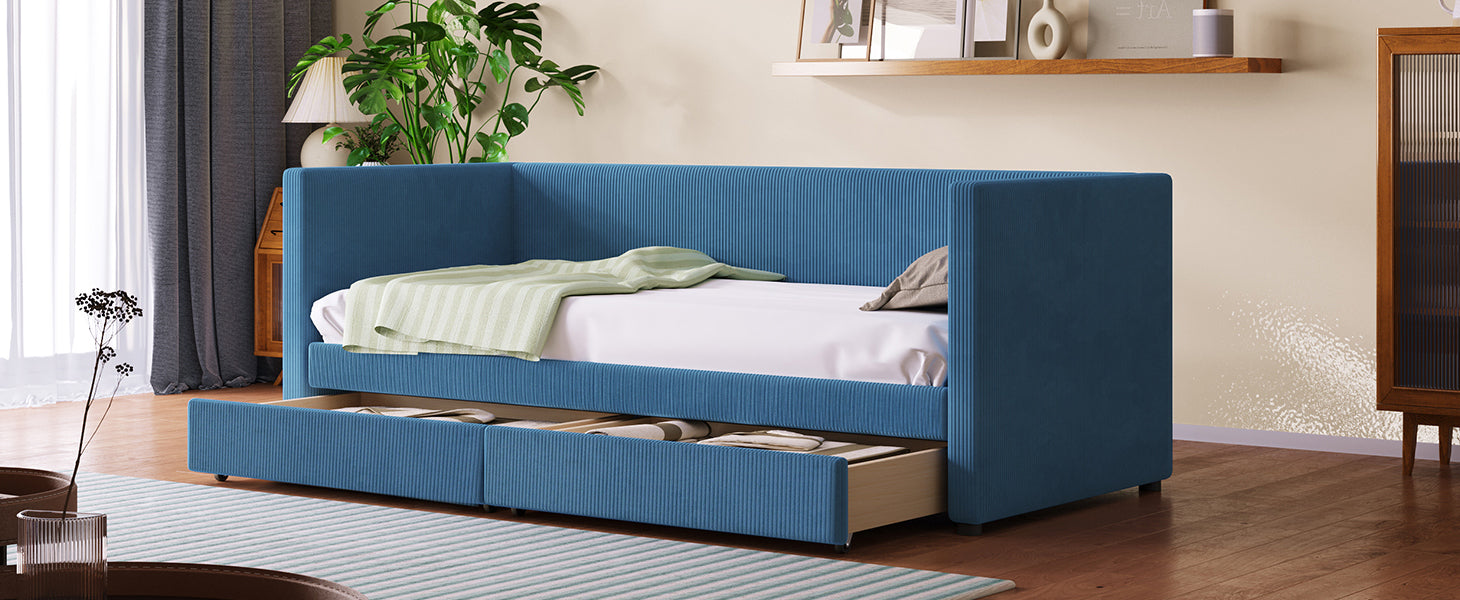 Twin Size Corduroy Daybed with Two Drawers and Wood Slat, Blue - Atlantic Fine Furniture Melbourne FL