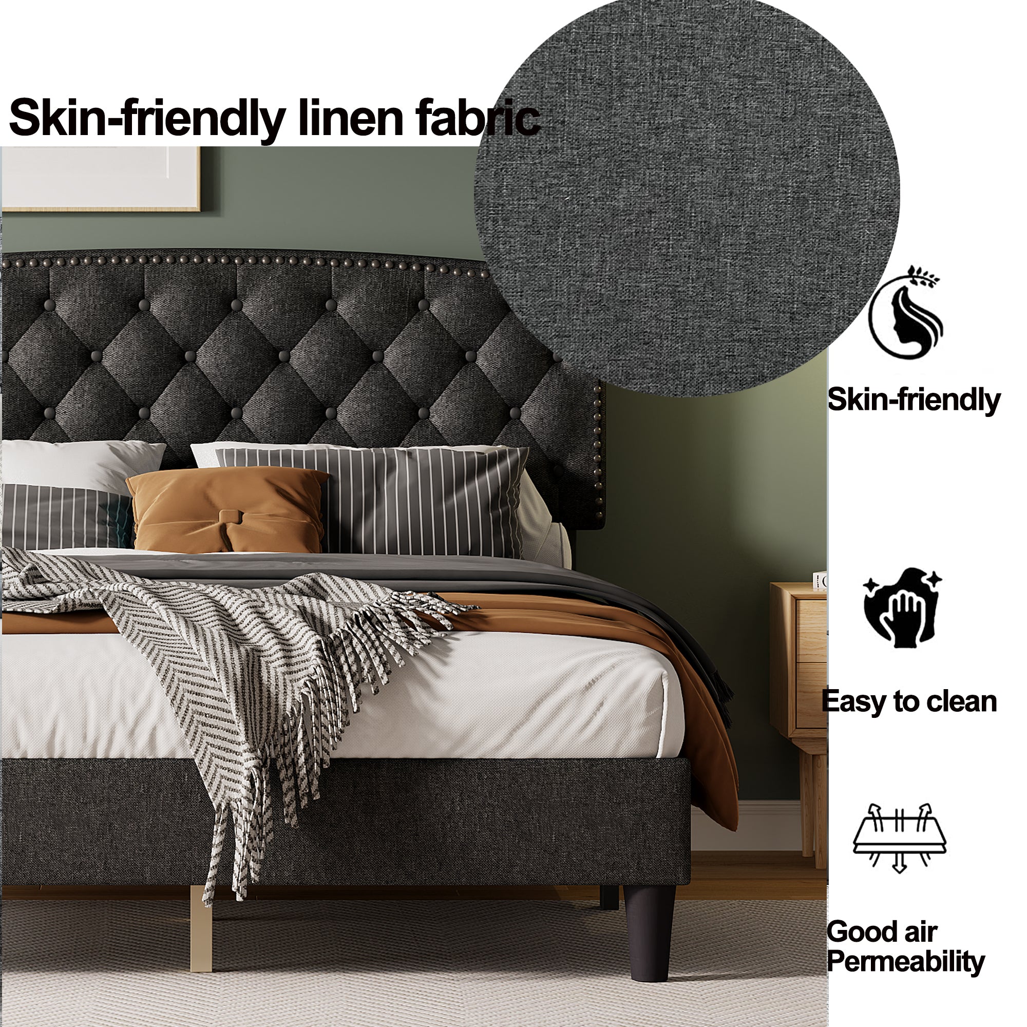 Queen size Adjustable Headboard with Fine Linen Upholstery and Button Tufting for Bedroom, Wave Top Dark Grey