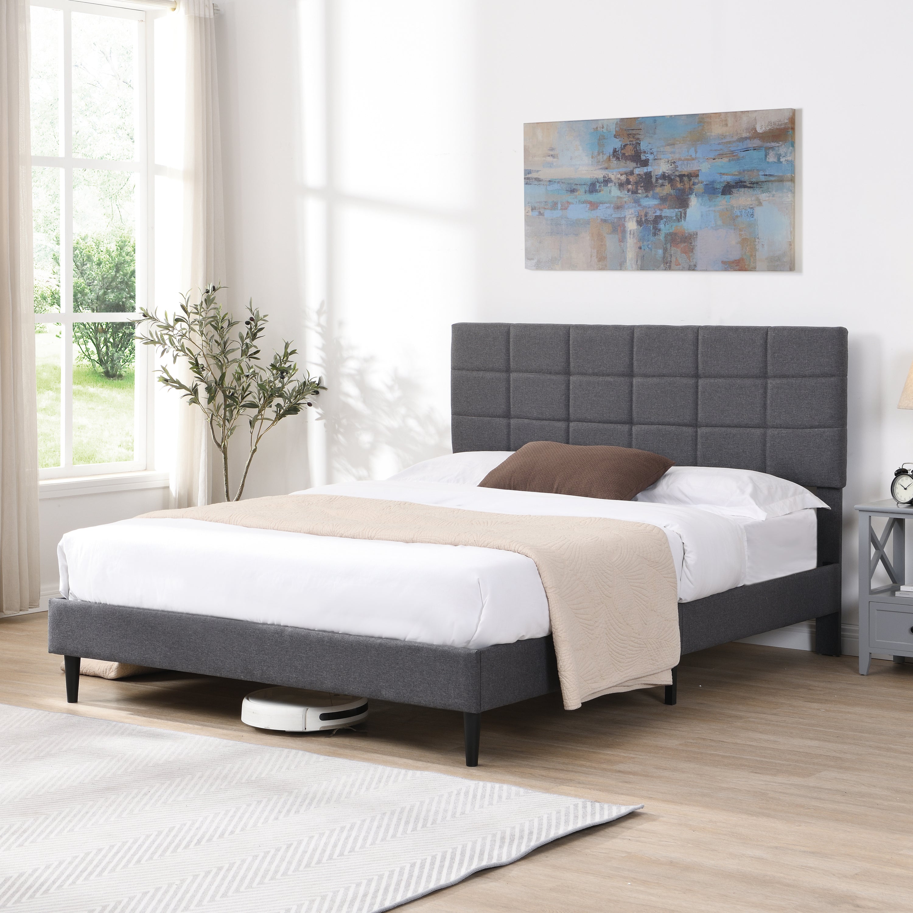 Full Size Platform Bed Frame with Fabric Upholstered Headboard and Wooden Slats, No Box Spring Needed/Easy Assembly, Grey - Atlantic Fine Furniture Melbourne FL