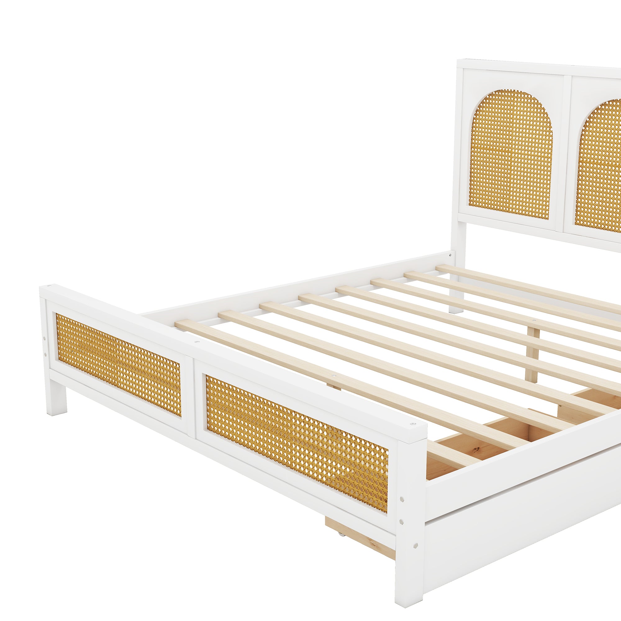 Queen Size Wood Storage Platform Bed with 2 Drawers, Rattan Headboard and Footboard, White - Atlantic Fine Furniture Melbourne FL