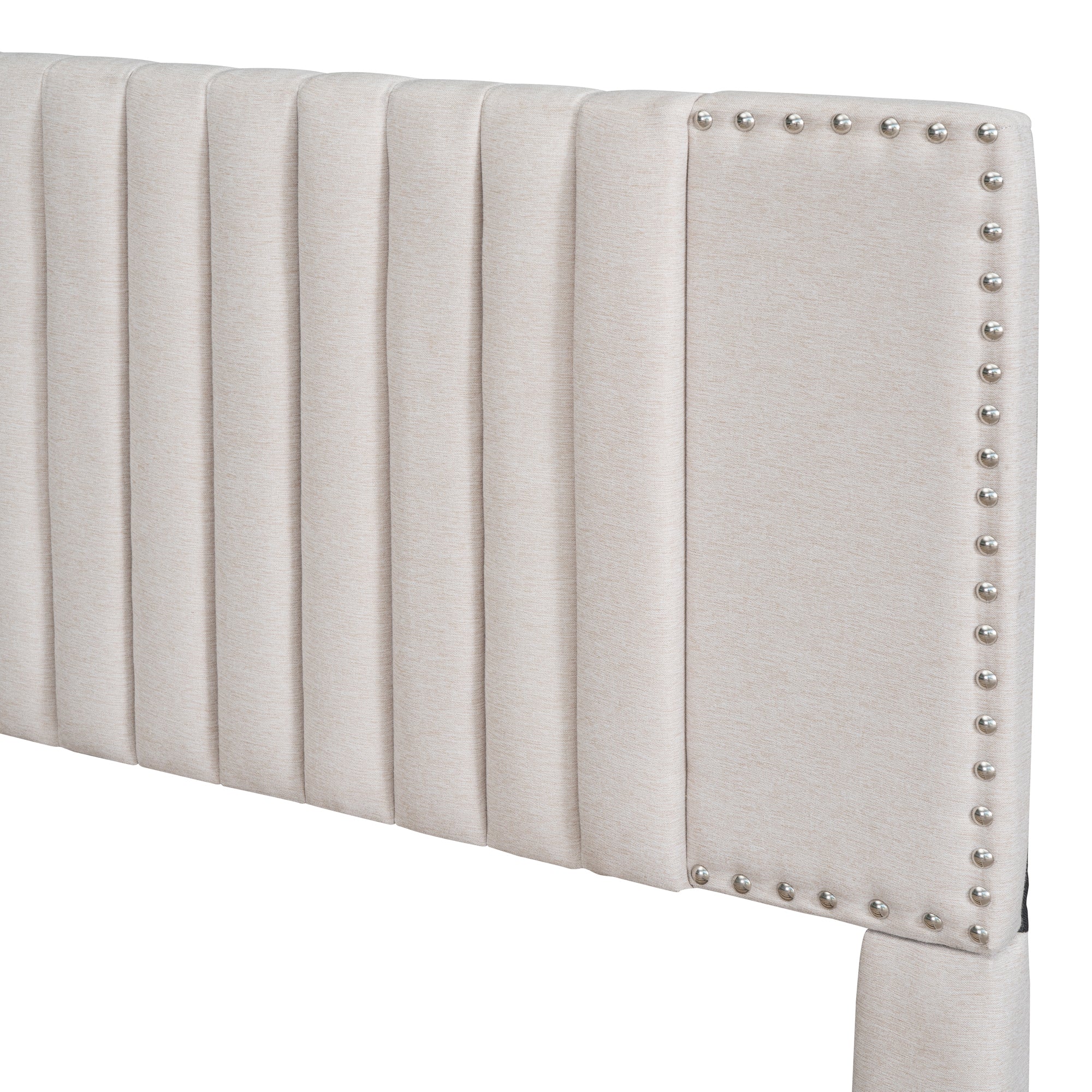 Queen Size Upholstered Platform Bed with 2 Drawers and 1 Twin XL Trundle, Classic Headboard Design, Beige - Atlantic Fine Furniture Melbourne FL