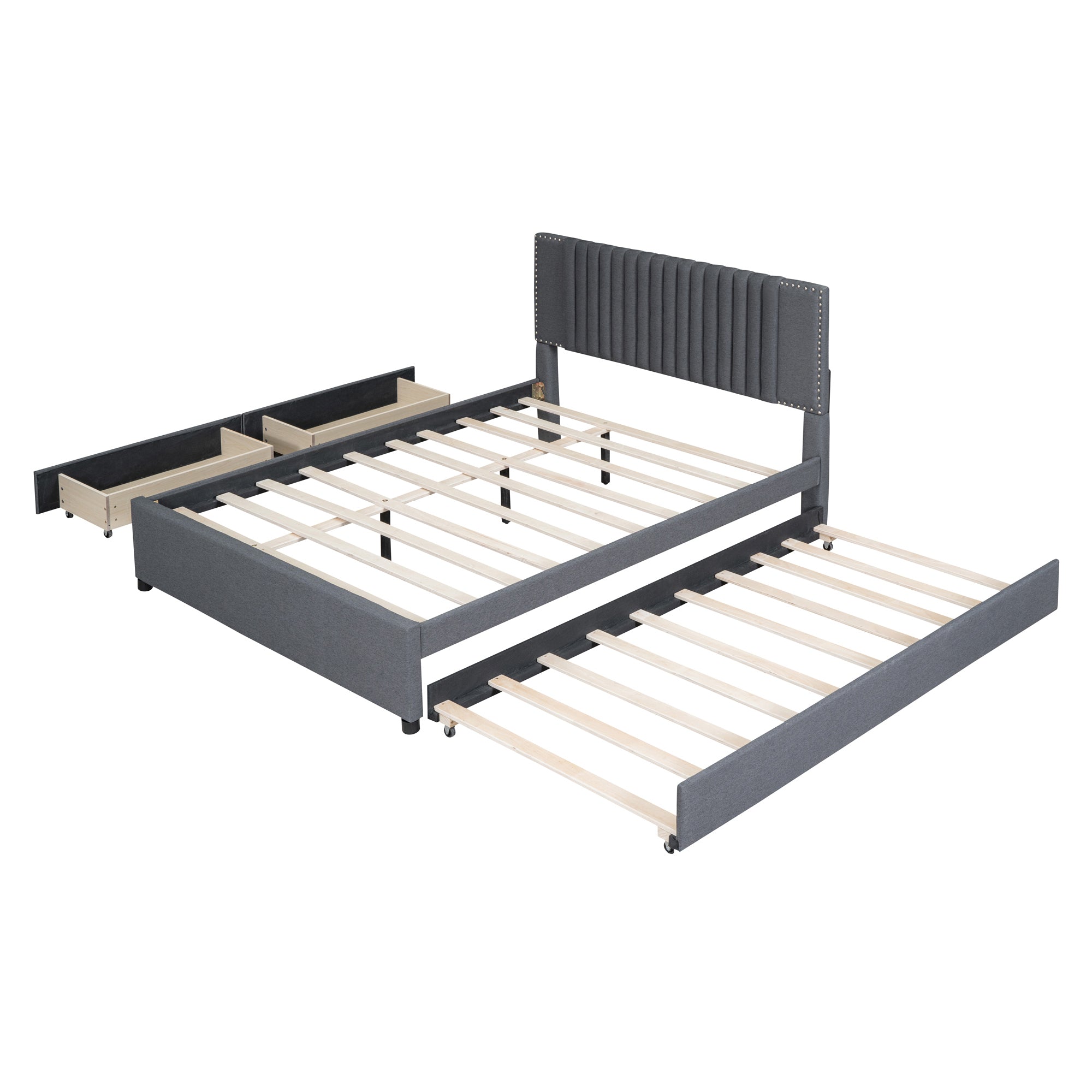 Queen Size Upholstered Platform Bed with 2 Drawers and 1 Twin XL Trundle, Classic Headboard Design, Gray - Atlantic Fine Furniture Melbourne FL