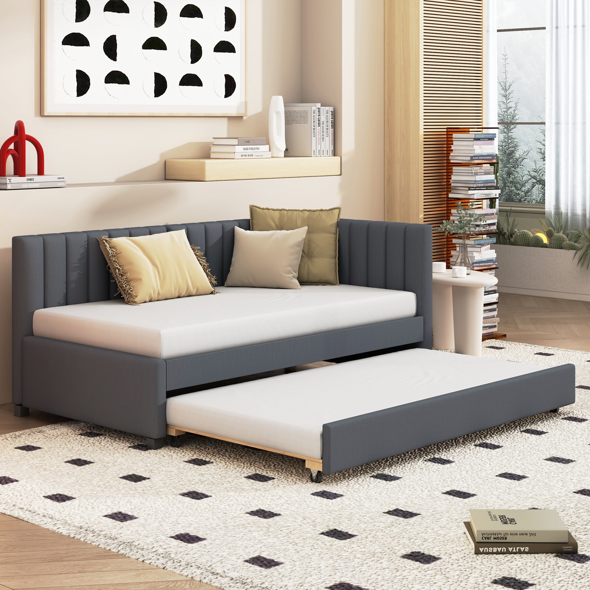 Upholstered Daybed with Trundle Twin Size Sofa Bed Frame No Box Spring Needed, Linen Fabric(Gray) - Atlantic Fine Furniture Melbourne FL