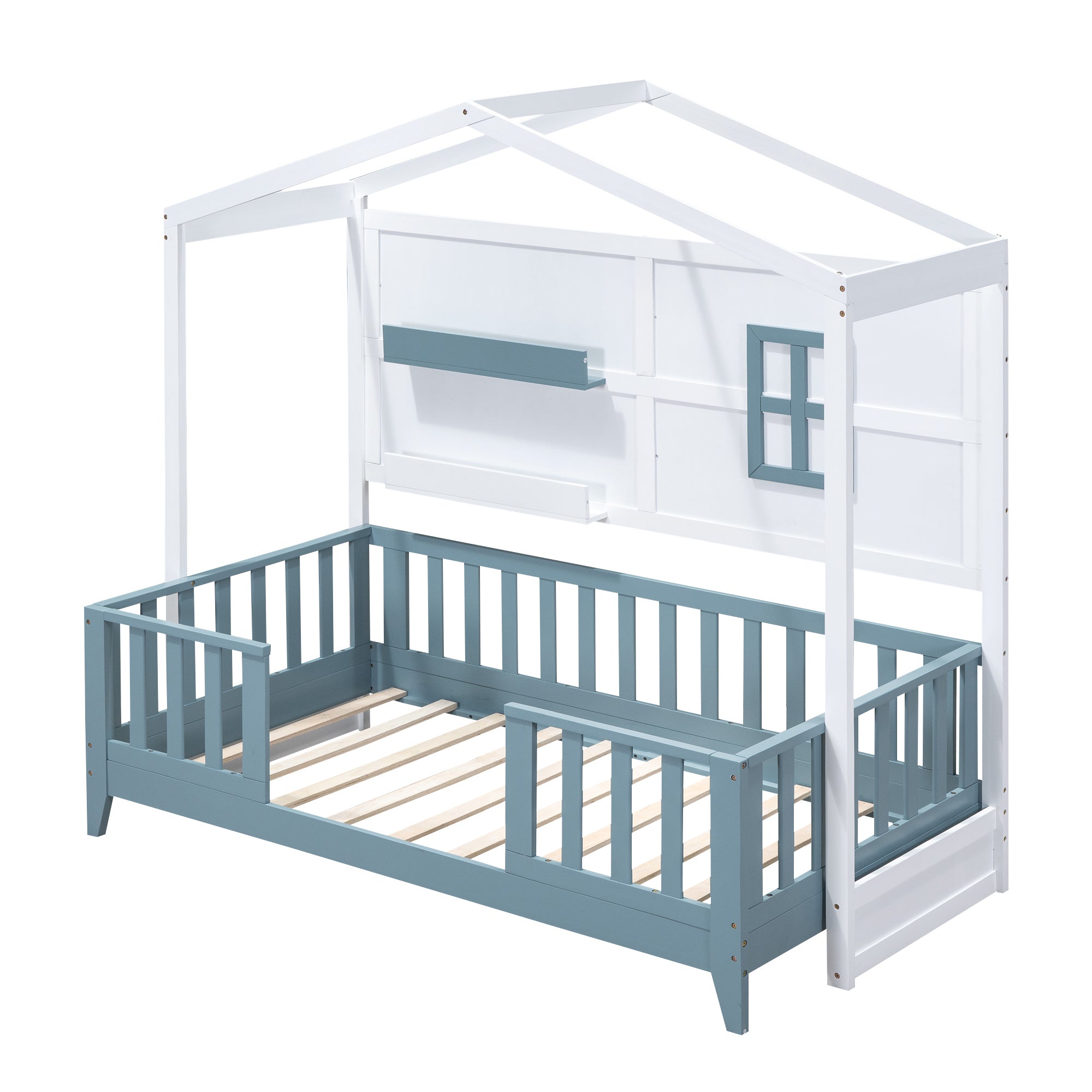 Twin Size Wood House Bed with 2 Shelves and Guardrail, White - Atlantic Fine Furniture Melbourne FL