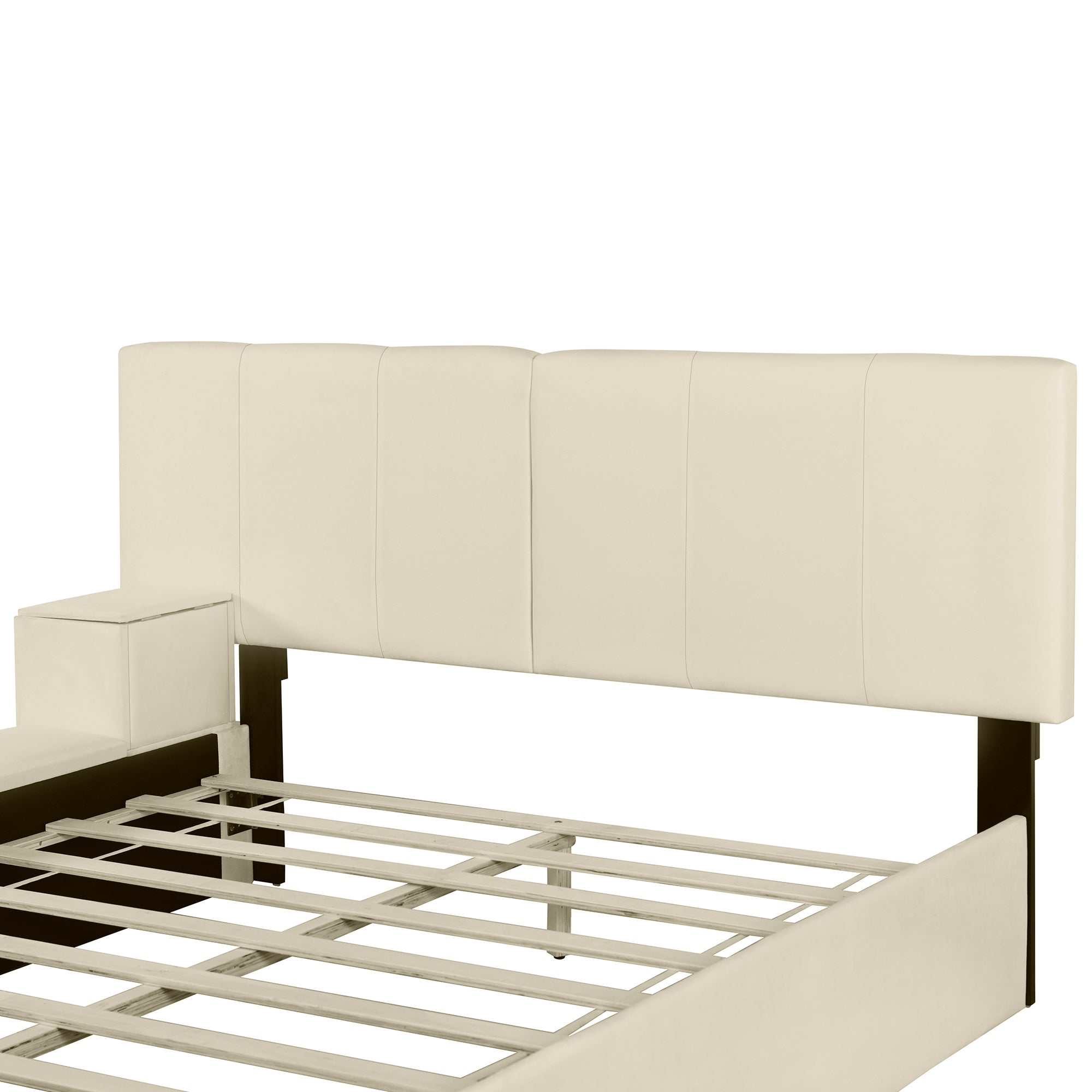 Queen Size Upholstered Platform Bed with Lateral Storage Compartments and Thick Fabric, Velvet, Beige - Atlantic Fine Furniture Melbourne FL