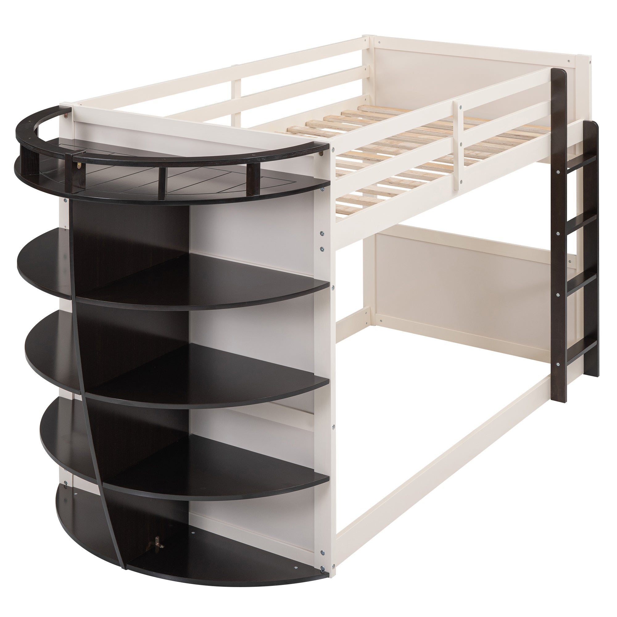 Twin over Twin Boat-Like Shape Bunk Bed with Storage Shelves, Cream+Espresso - Atlantic Fine Furniture Melbourne FL