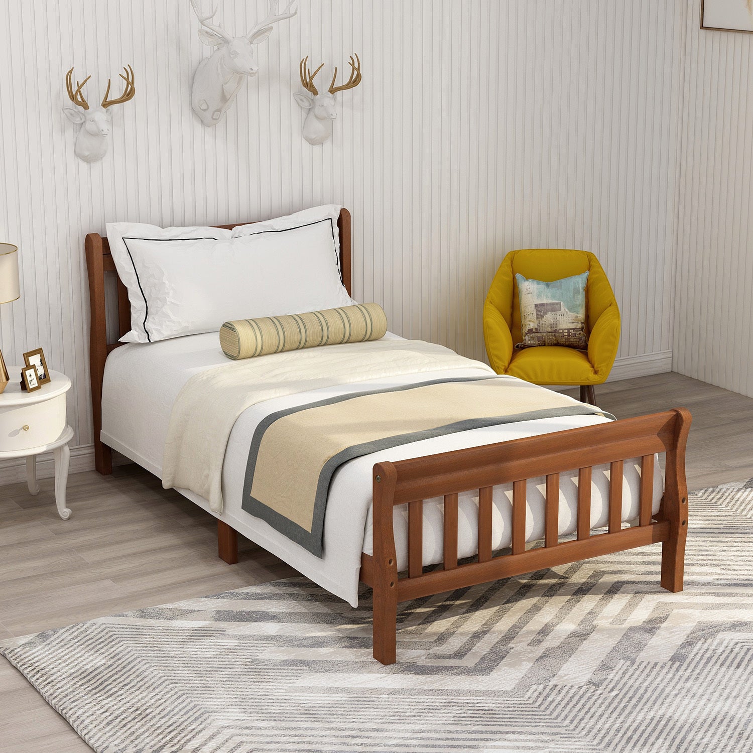 Wood Platform Bed Twin Bed Frame Panel Bed Mattress Foundation Sleigh Bed with Headboard/Footboard/Wood Slat Support - Atlantic Fine Furniture Melbourne FL