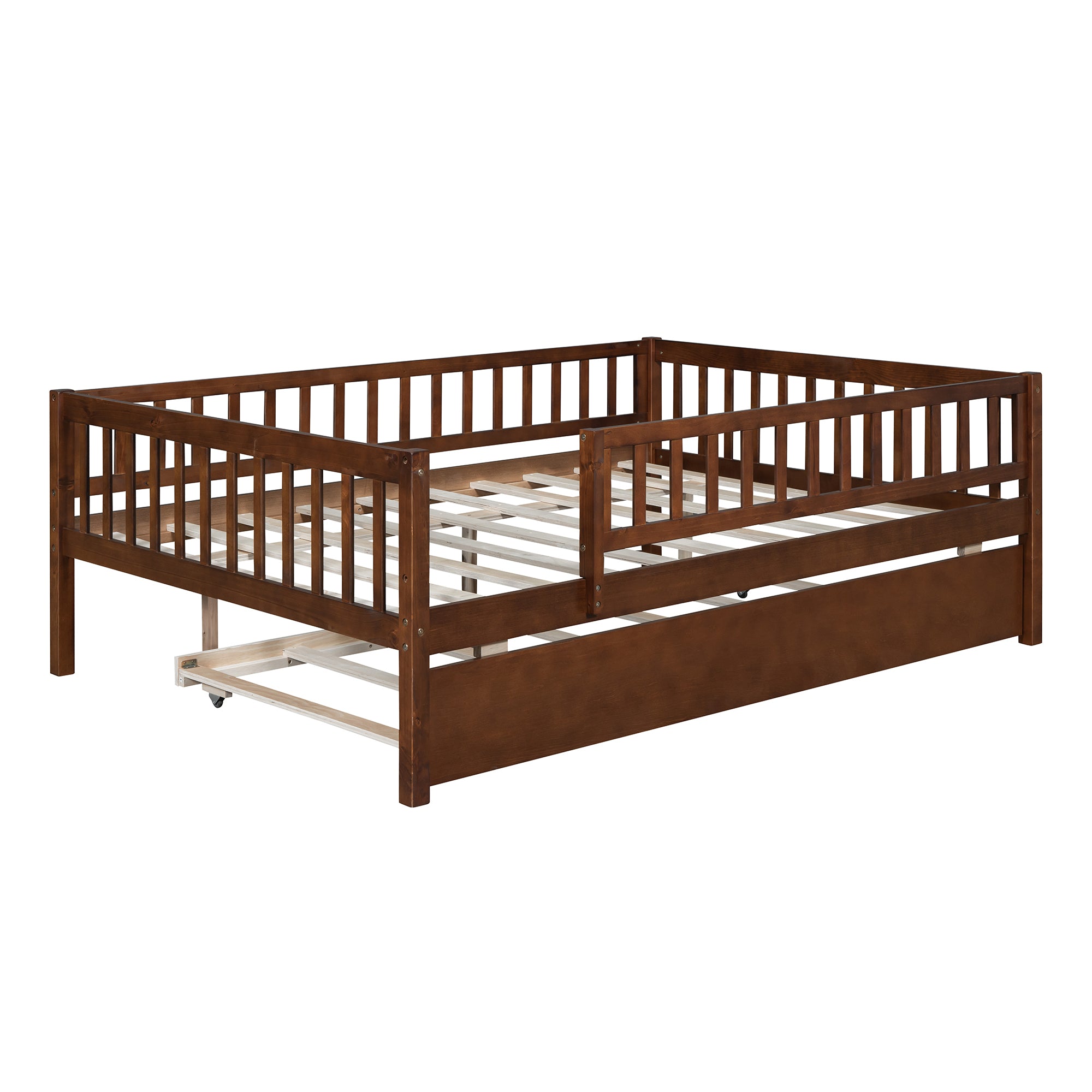 Full Size Wood Daybed with Trundle and Fence Guardrails, Walnut - Atlantic Fine Furniture Melbourne FL
