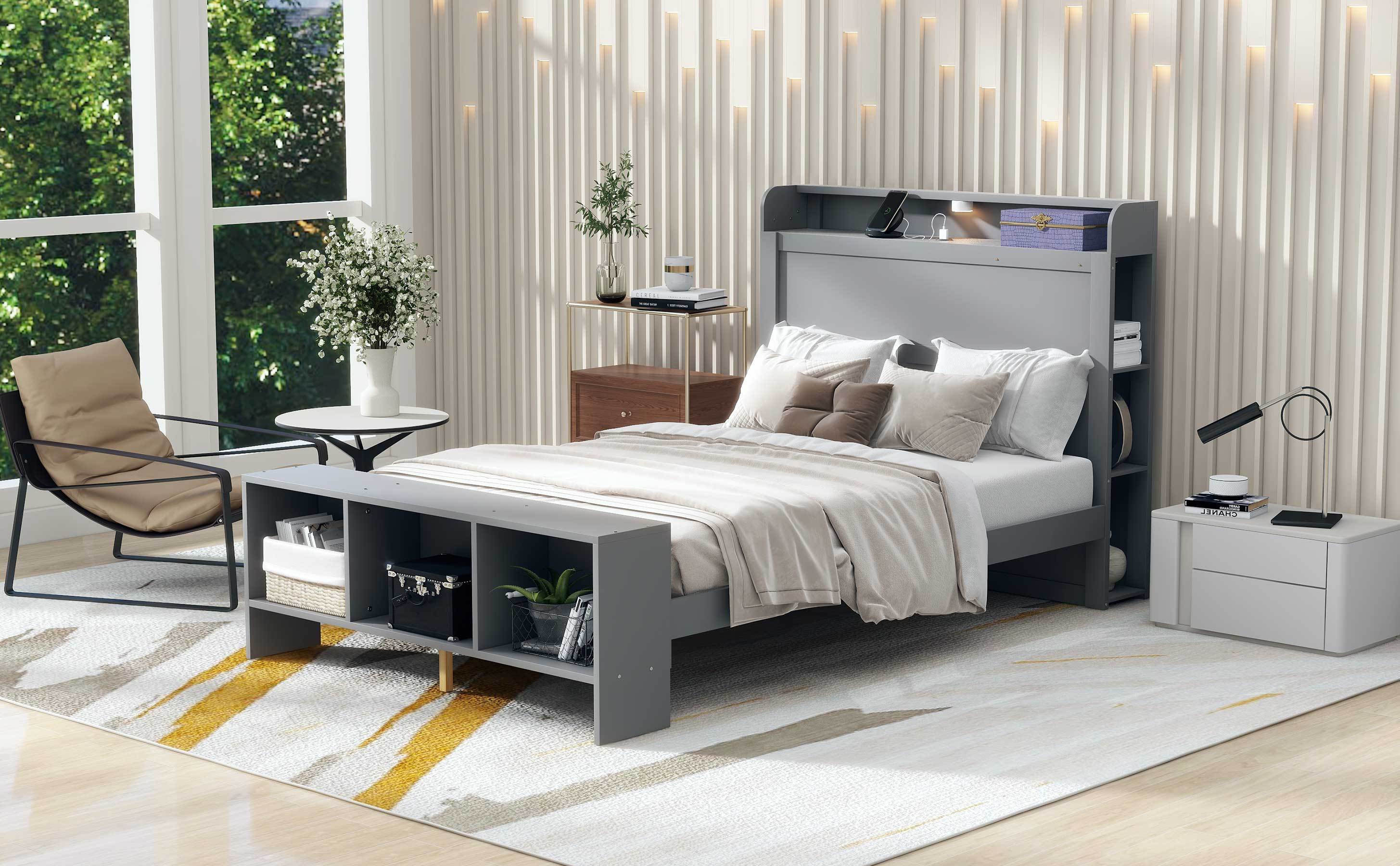 Full Size Platform Bed with built-in shelves, LED Light and USB ports, Gray - Atlantic Fine Furniture Melbourne FL