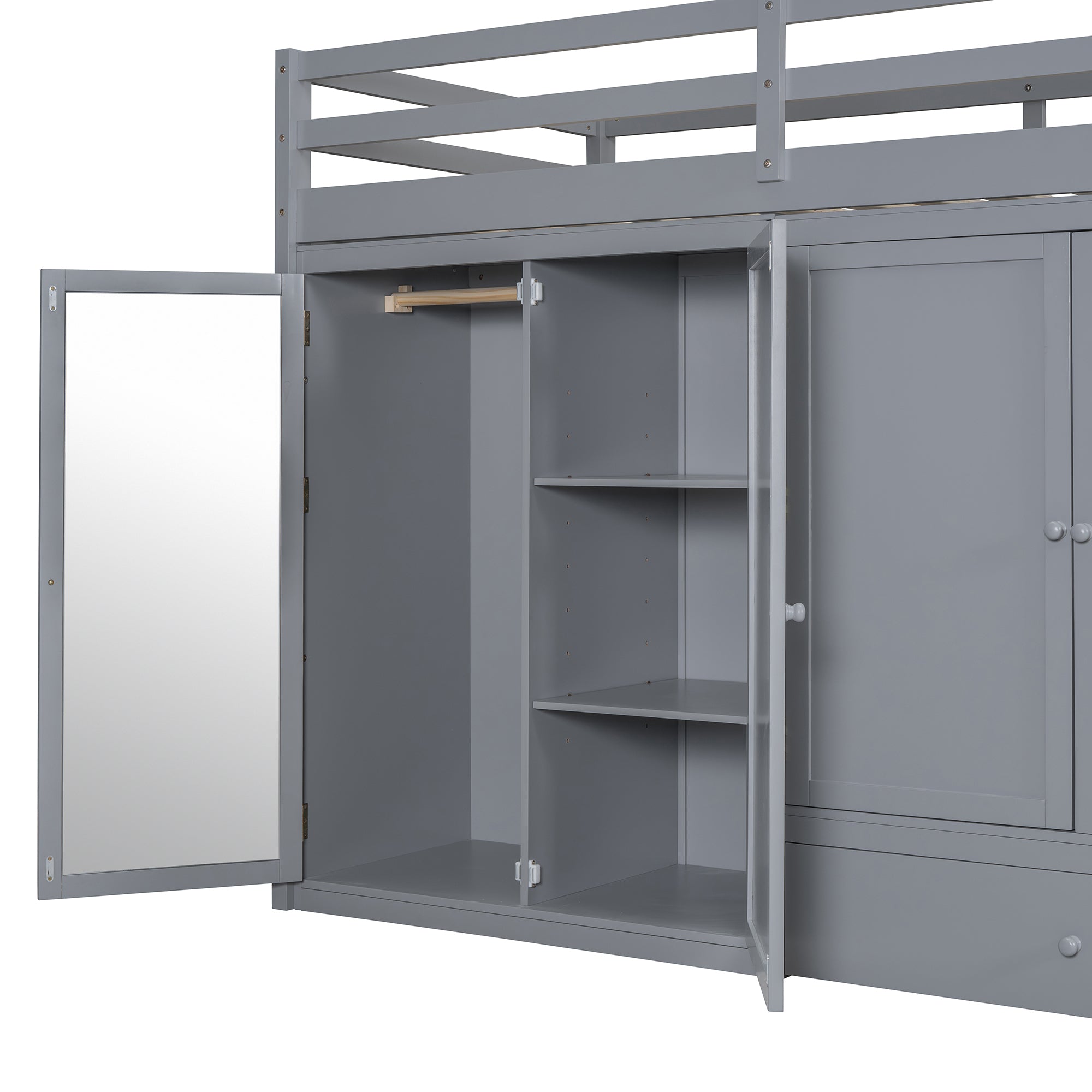 Twin size Loft Bed with Drawer, Two Wardrobes and Mirror, Gray - Atlantic Fine Furniture Melbourne FL
