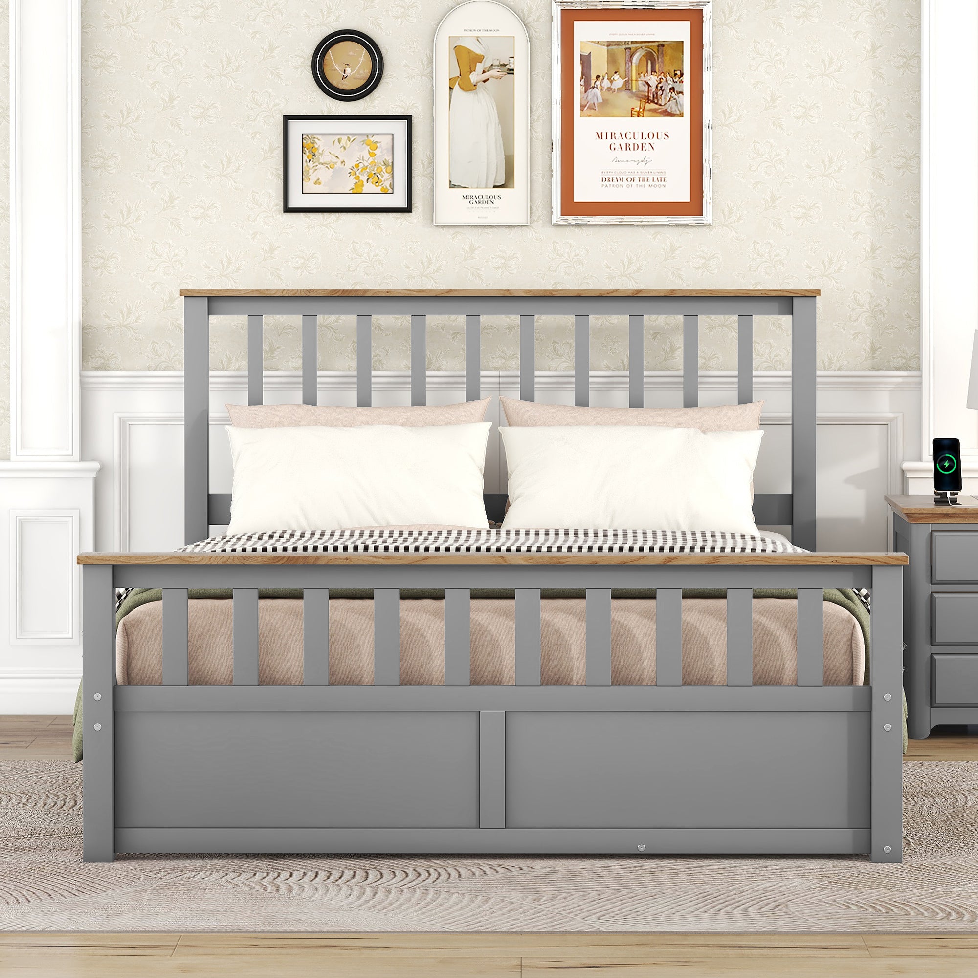 Queen Size Wood Platform Bed with Two Drawers and Wooden Slat Support,Gray+Natrual - Atlantic Fine Furniture Melbourne FL