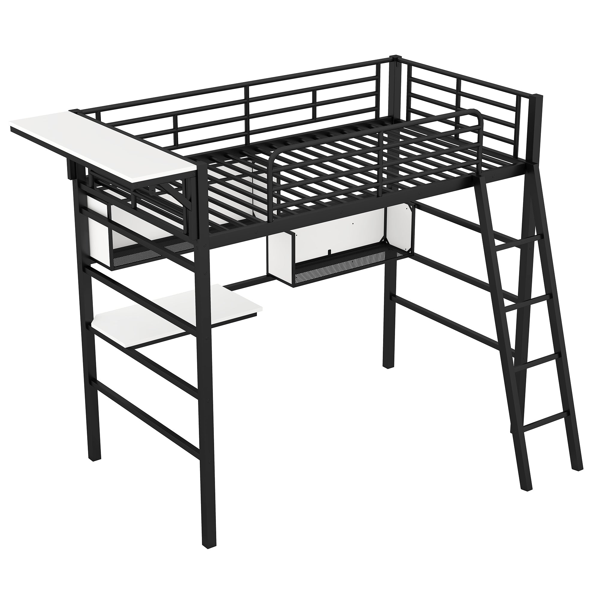 Twin Size Metal Loft Bed with 2 Shelves, a desk and a Hanging Clothes Rack, Black and White - Atlantic Fine Furniture Melbourne FL