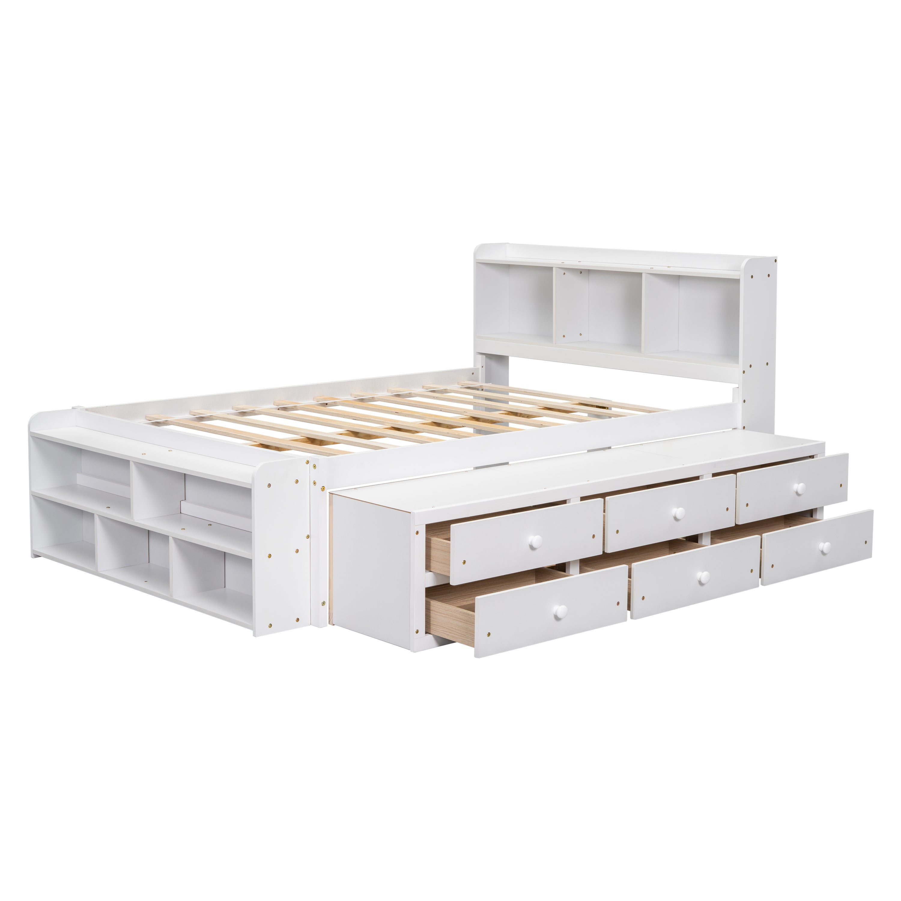 Full Bed with Bookcase Headboard, Under bed Storage Drawers and Bed End Storage Case,White
