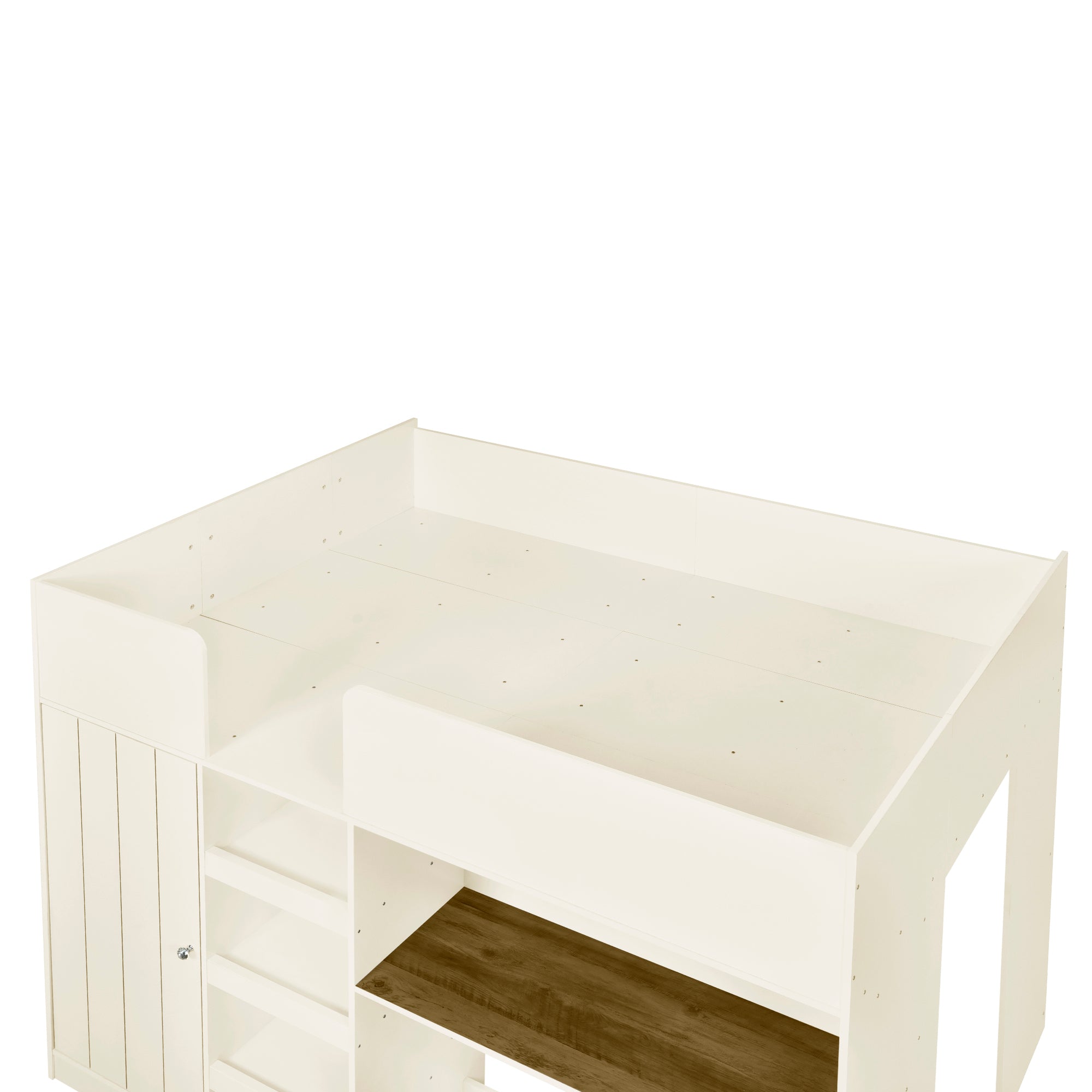 Wood Full Size Loft Bed with Built-in Wardrobe, Desk, Storage Shelves and Drawers, Beige - Atlantic Fine Furniture Melbourne FL