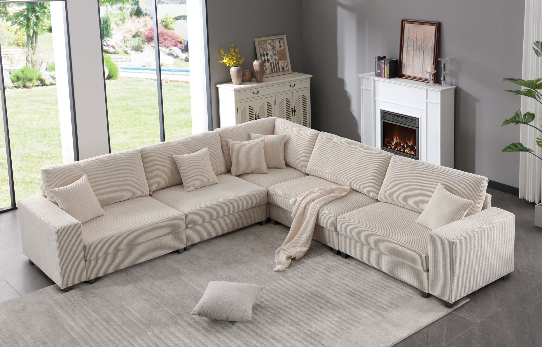 Oversized Modular Sectional Sofa Set,Corduroy Upholstered Deep Seat Comfy Sofa Beige