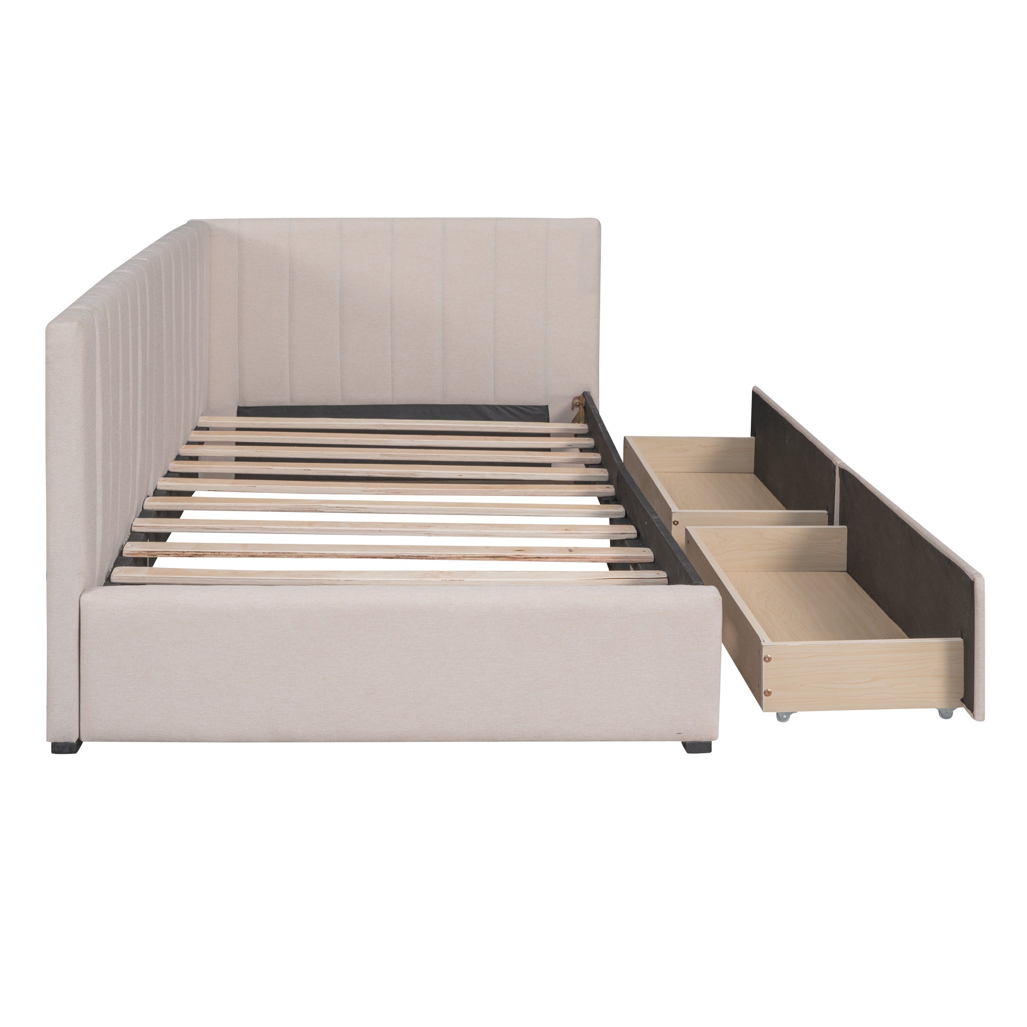 Upholstered Daybed with 2 Storage Drawers Twin Size Sofa Bed Frame No Box Spring Needed, Linen Fabric (Beige)