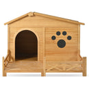 Wooden Dog House Outdoor With Porch, Dog Kennel With Water Resistant Asphalt Roof And Fencing, Indoor & Outdoor Dog Crate With Paw Print, Medium - Nature