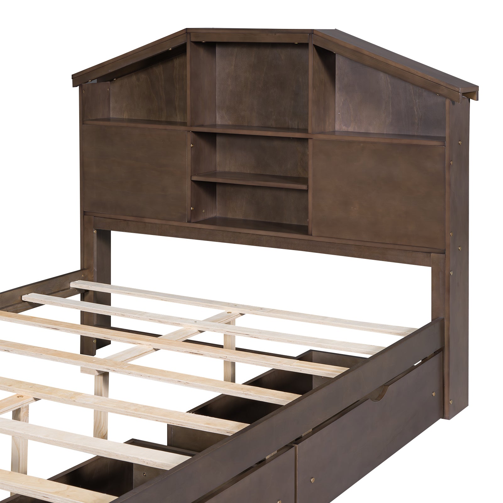 Full Size Wood Platform Bed with House-shaped Storage Headboard and 2 Drawers, Walnut - Atlantic Fine Furniture Melbourne FL