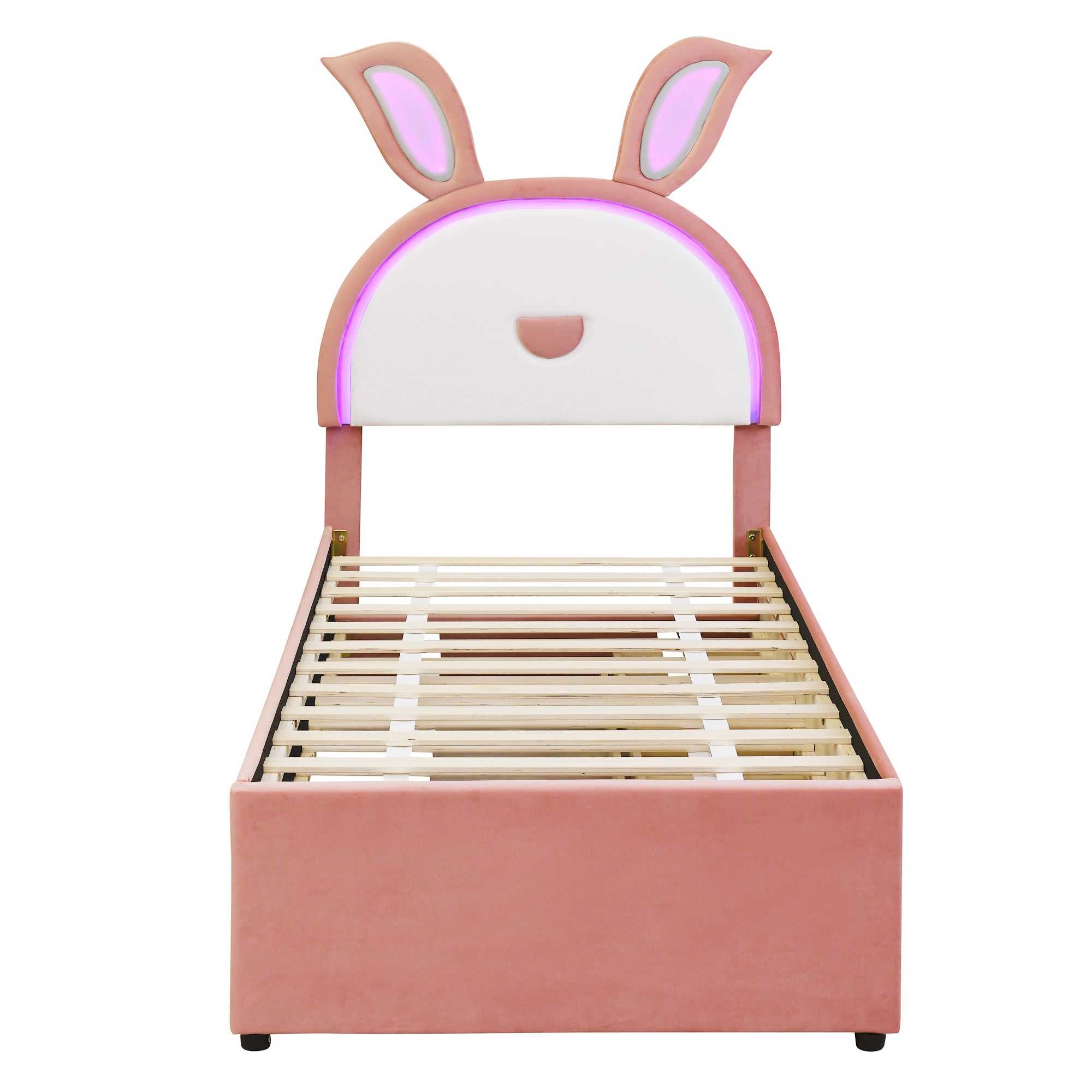Twin Size Upholstered Platform Bed with Trundle and 3 Drawers, Rabbit-Shaped Headboard with Embedded LED Lights, Pink - Atlantic Fine Furniture Melbourne FL
