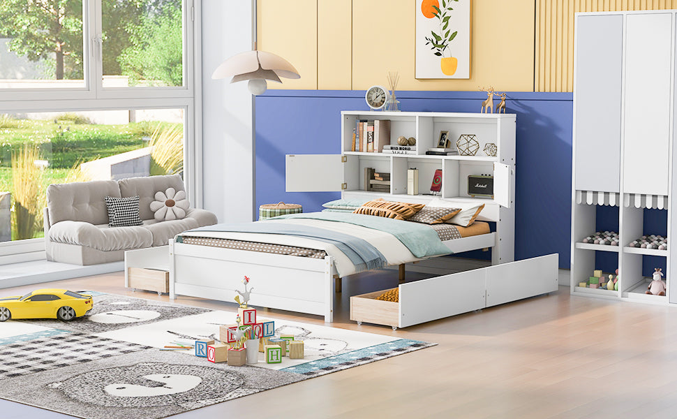 Full Size Platform Bed with Storage Headboard, Charging Station and 4 Drawers, White - Atlantic Fine Furniture Melbourne FL