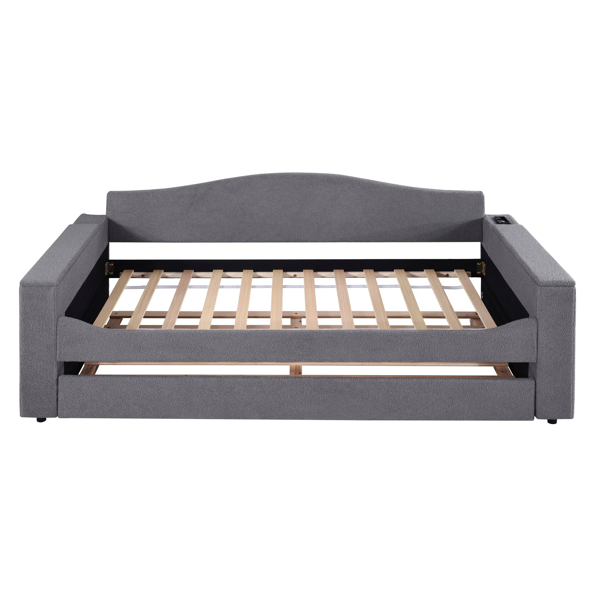 Twin Size Upholstered Daybed with Storage Armrests, Trundle and Latest Integrated Bluetooth Audio System, Teddy Fleece, Gray - Atlantic Fine Furniture Melbourne FL