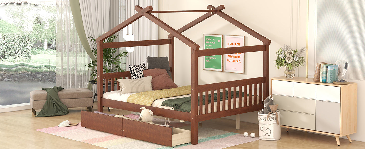 Full Size Wooden House Bed with Drawers, Walnut - Atlantic Fine Furniture Melbourne FL