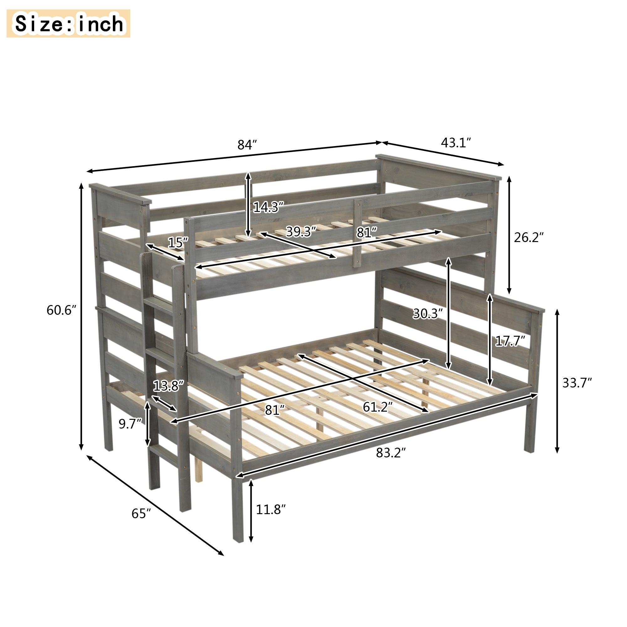 Wood Twin XL over Queen Bunk Bed with Ladder, Gray - Atlantic Fine Furniture Melbourne FL