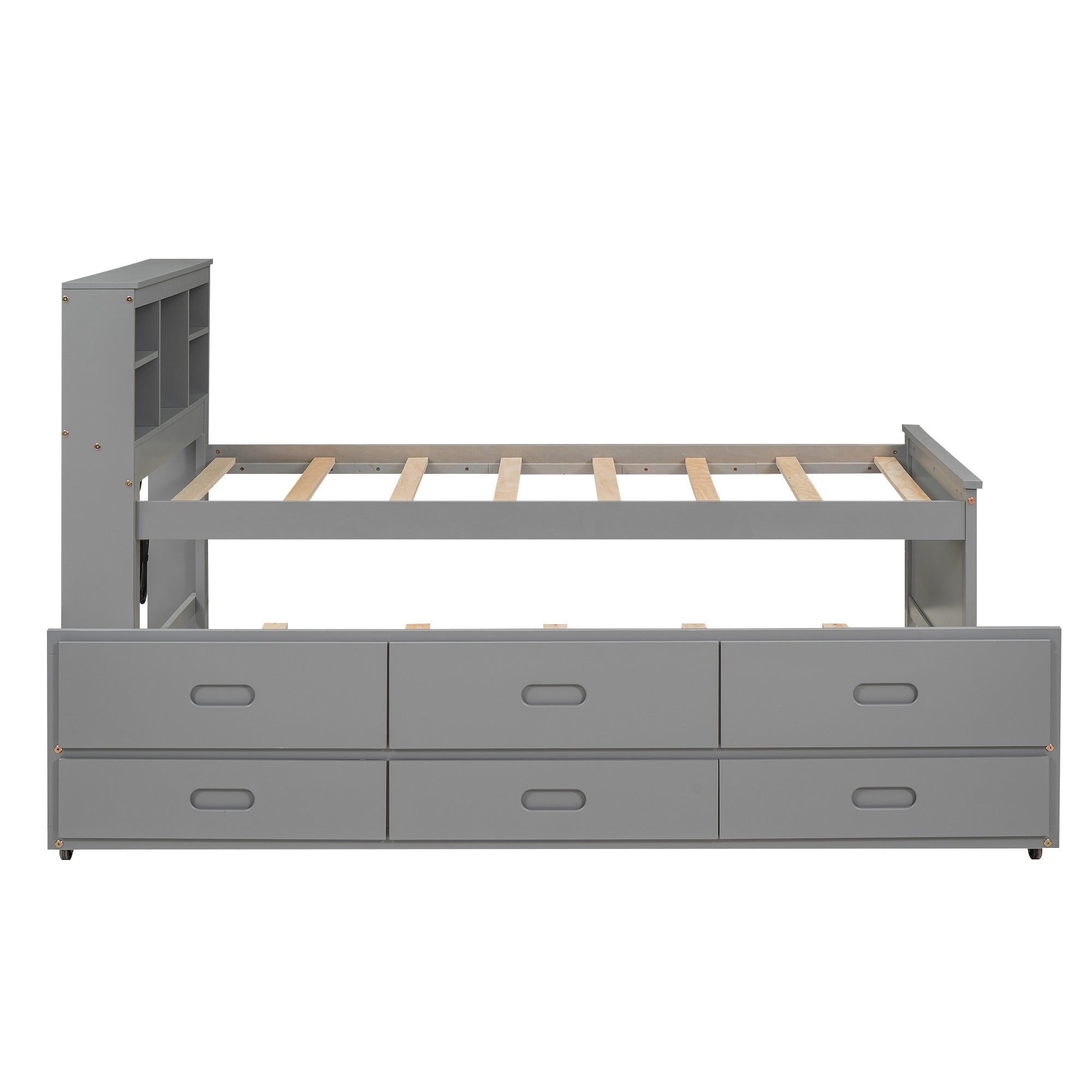 Twin Size Platform Bed with Storage Headboard, USB, Twin Size Trundle and 3 Drawers, Gray - Atlantic Fine Furniture Melbourne FL