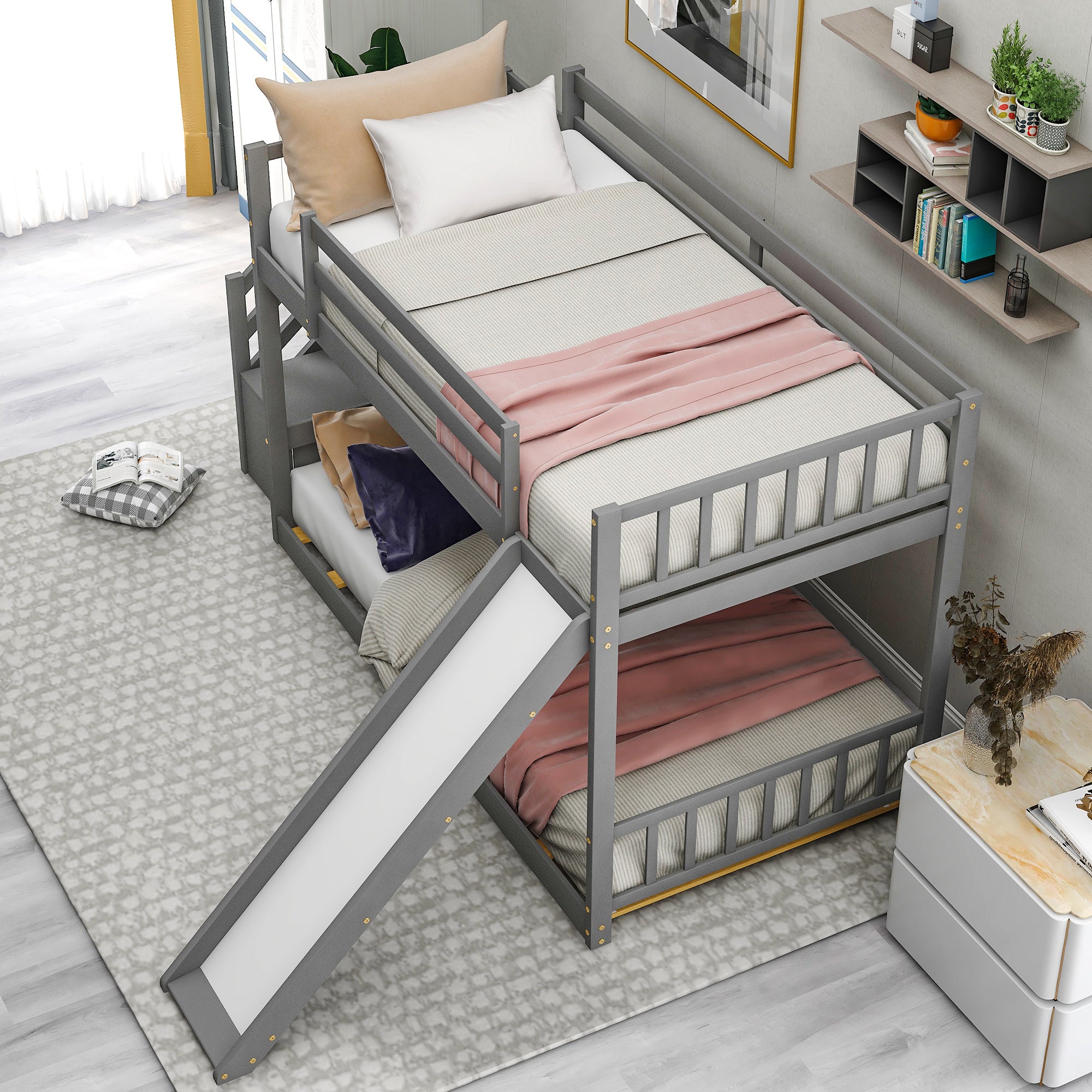 Twin over Twin Bunk Bed with Convertible Slide and Stairway, Gray - Atlantic Fine Furniture Melbourne FL