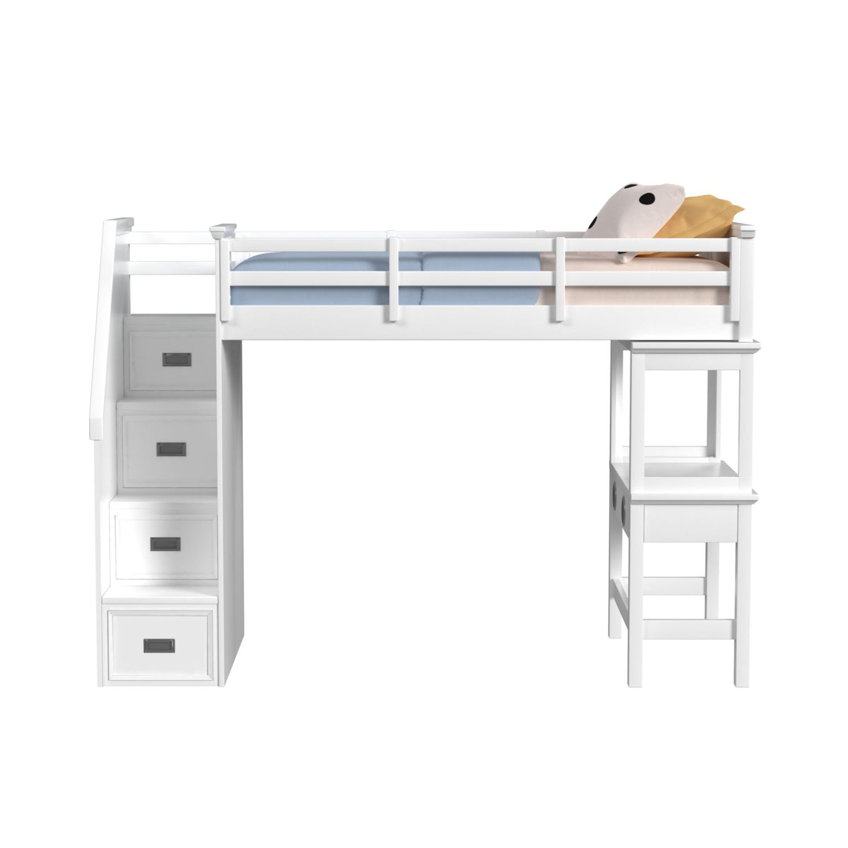 Hampton Kids Loft Bed With Staircase And Desk With Speaker in White by Elements International, view 7