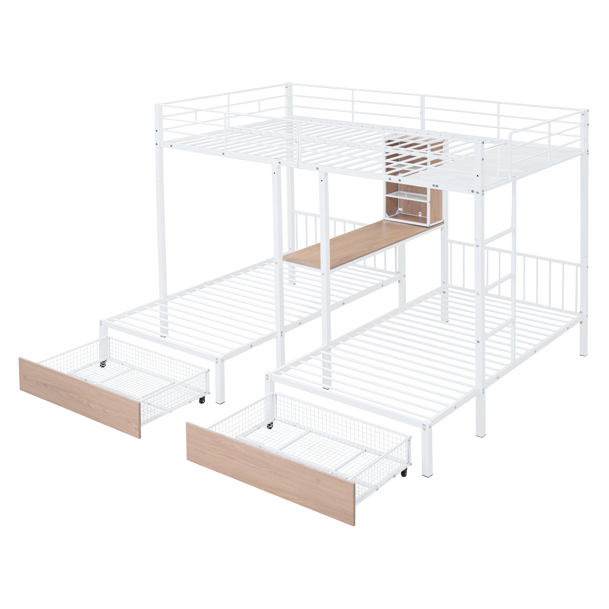 Full Over Twin & Twin Triple Bunk Bed with Drawers, Multi-functional Metal Frame Bed with desks and shelves in the middle, White - Atlantic Fine Furniture Melbourne FL