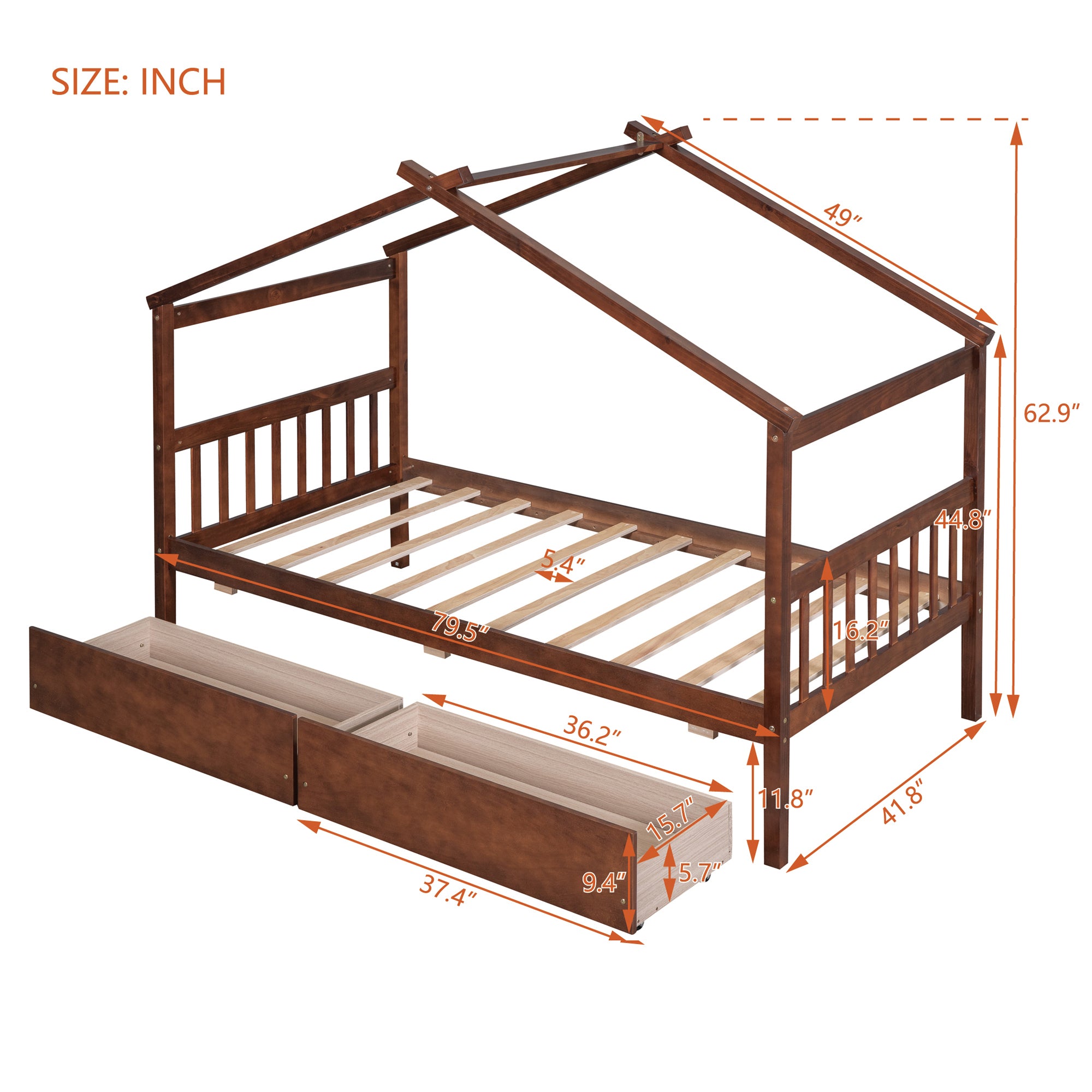 Twin Size Wooden House Bed with Drawers, Walnut - Atlantic Fine Furniture Melbourne FL