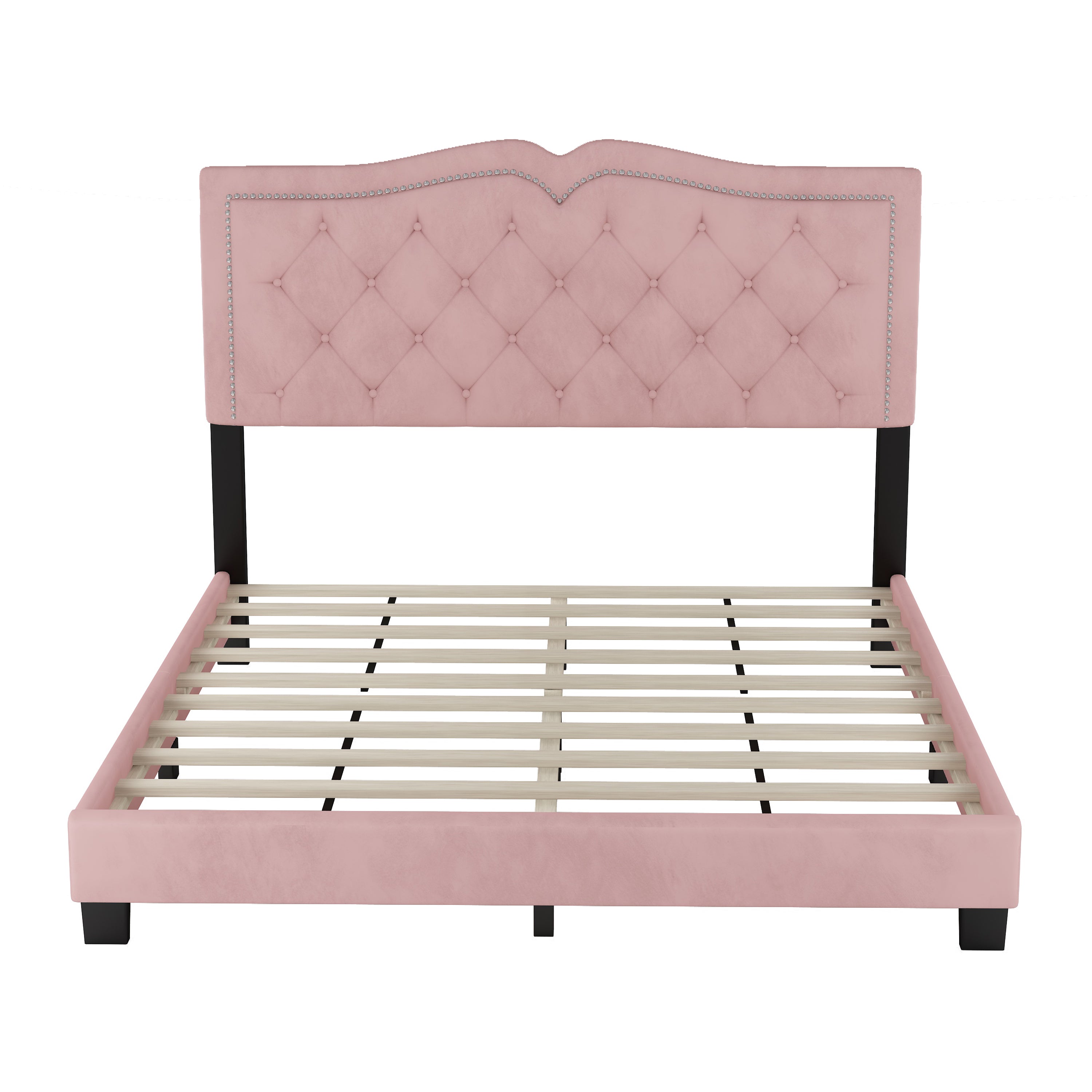Queen Size Upholstered Bed Frame with Rivet Design, Modern Velvet Platform Bed with Tufted Headboard,Pink - Atlantic Fine Furniture Melbourne FL