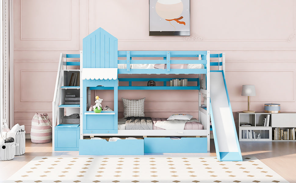 Twin-Over-Twin Castle Style Bunk Bed with 2 Drawers 3 Shelves and Slide - Blue - Atlantic Fine Furniture Melbourne FL
