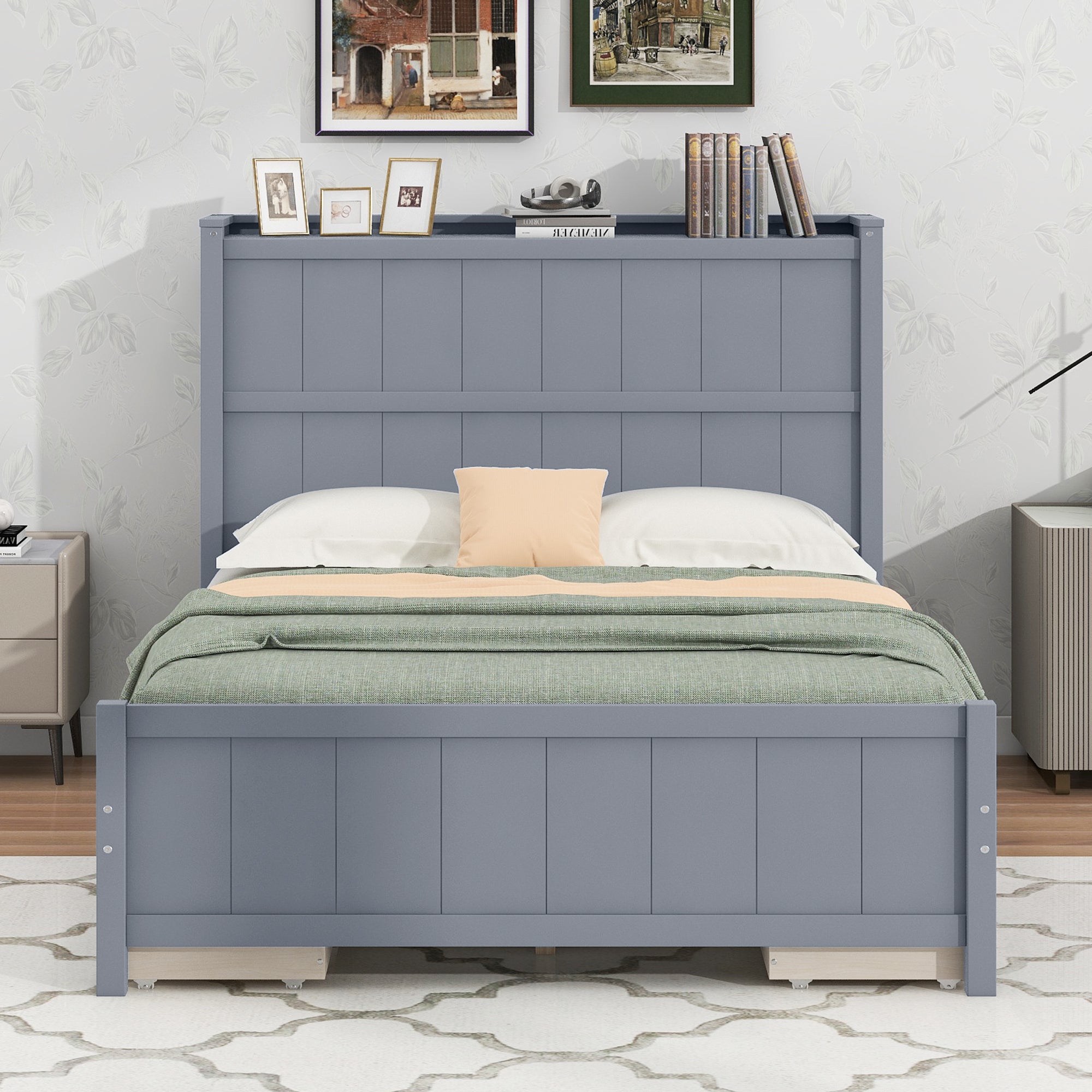 Full Size Platform Bed with Drawers and Storage Shelves, Gray - Atlantic Fine Furniture Melbourne FL