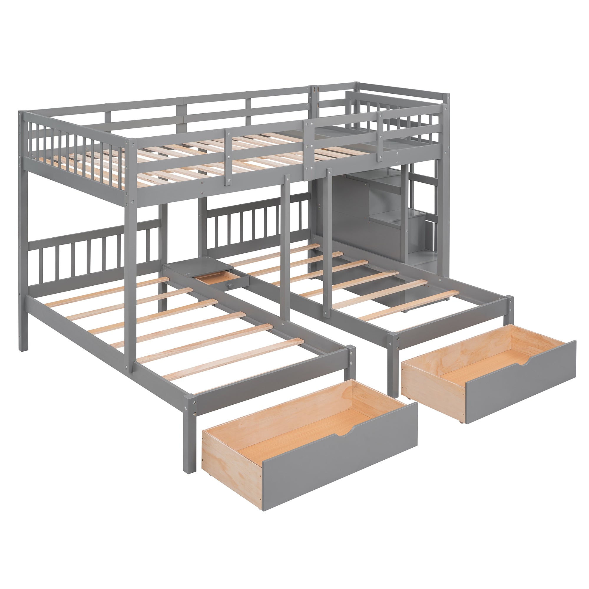 Full Over Twin & Twin Bunk Bed, Wood Triple Bunk Bed with Drawers and Guardrails (Gray) - Atlantic Fine Furniture Melbourne FL