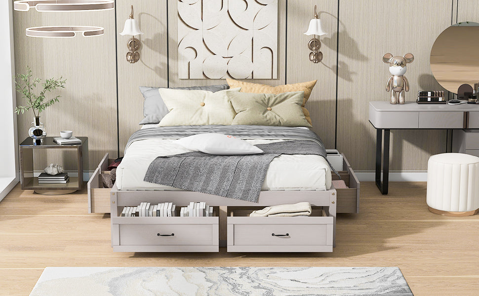 Queen Size Platform Bed with 6 Storage Drawers,Antique White