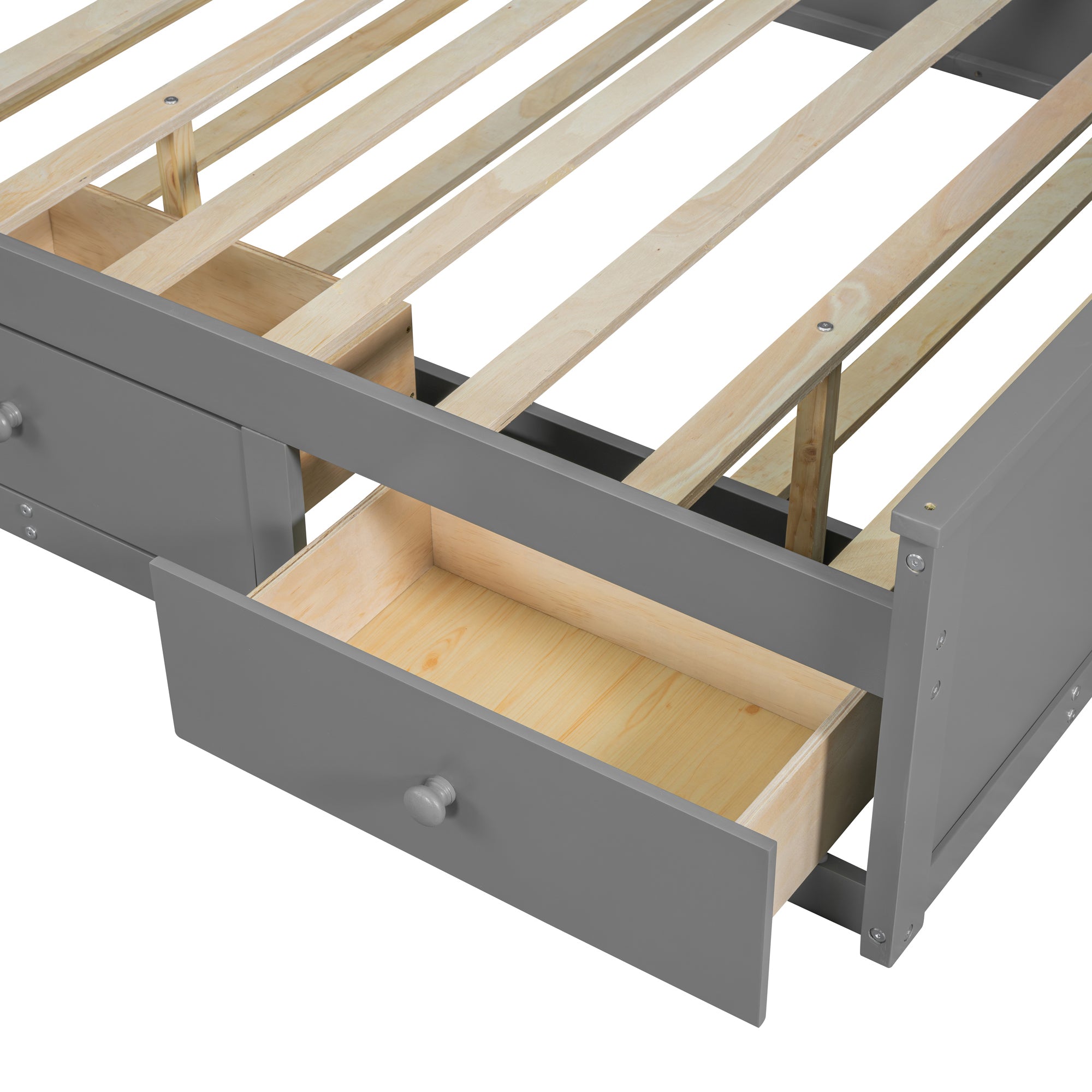 Full Size Wood Pltaform Bed with win Size Trundle, 3 Drawers, Upper Shelves and a set of USB Ports & Sockets, Gray - Atlantic Fine Furniture Melbourne FL