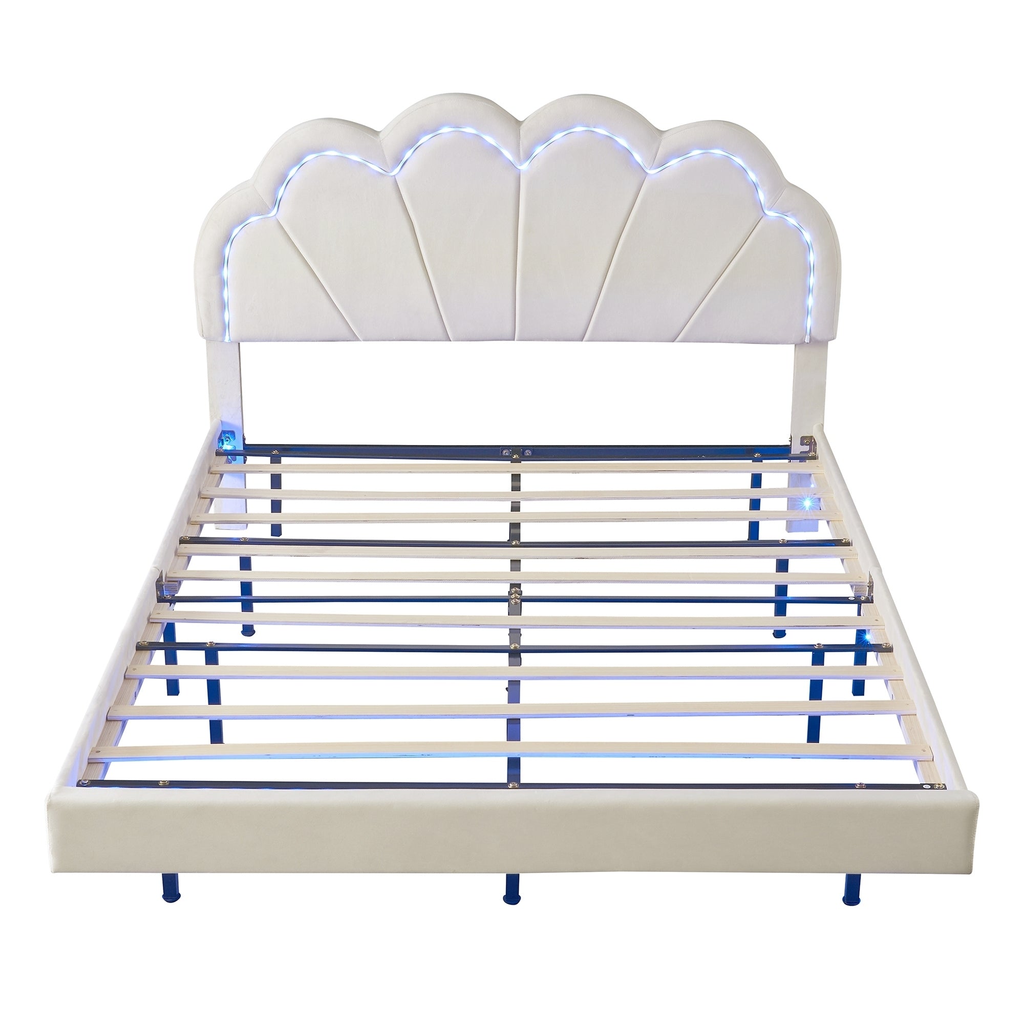 Queen Upholstered Smart LED Bed Frame with Elegant Flowers Headboard,Floating Velvet Platform LED Bed with Wooden Slats Support,Beige - Atlantic Fine Furniture Melbourne FL