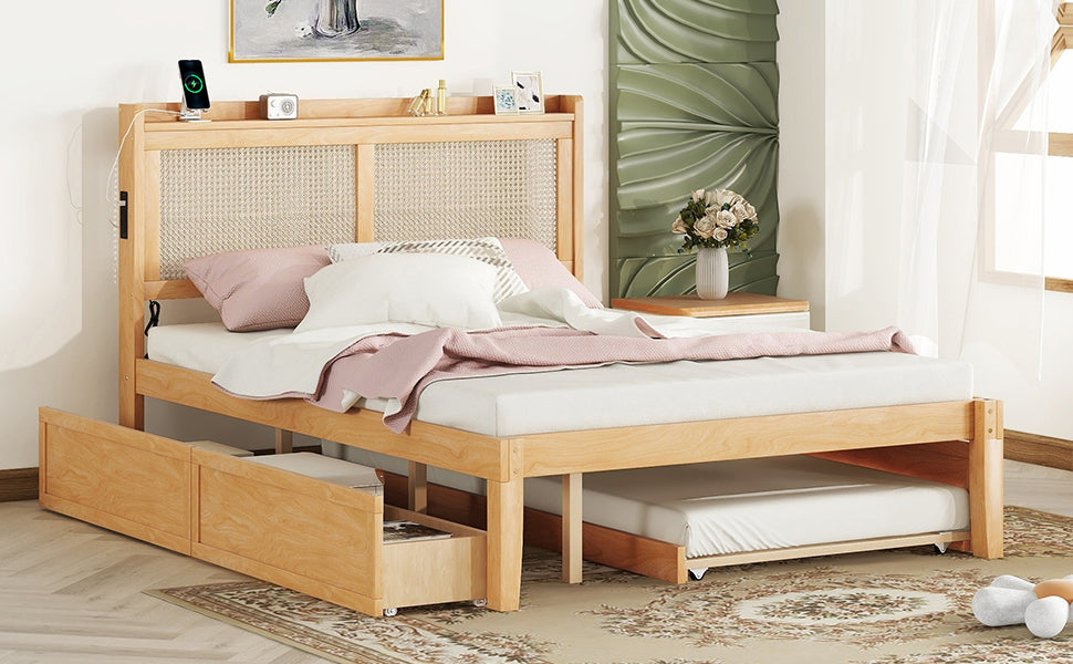 Queen Size Elegant Bed Frame with Rattan Headboard and Sockets ,Walnut - Atlantic Fine Furniture Melbourne FL
