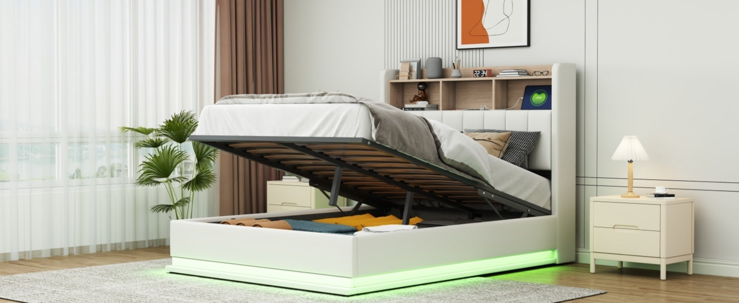 Full Size Upholstered Platform Bed with Storage Headboard and Hydraulic Storage System, PU Storage Bed with LED Lights and USB charger, White - Atlantic Fine Furniture Melbourne FL