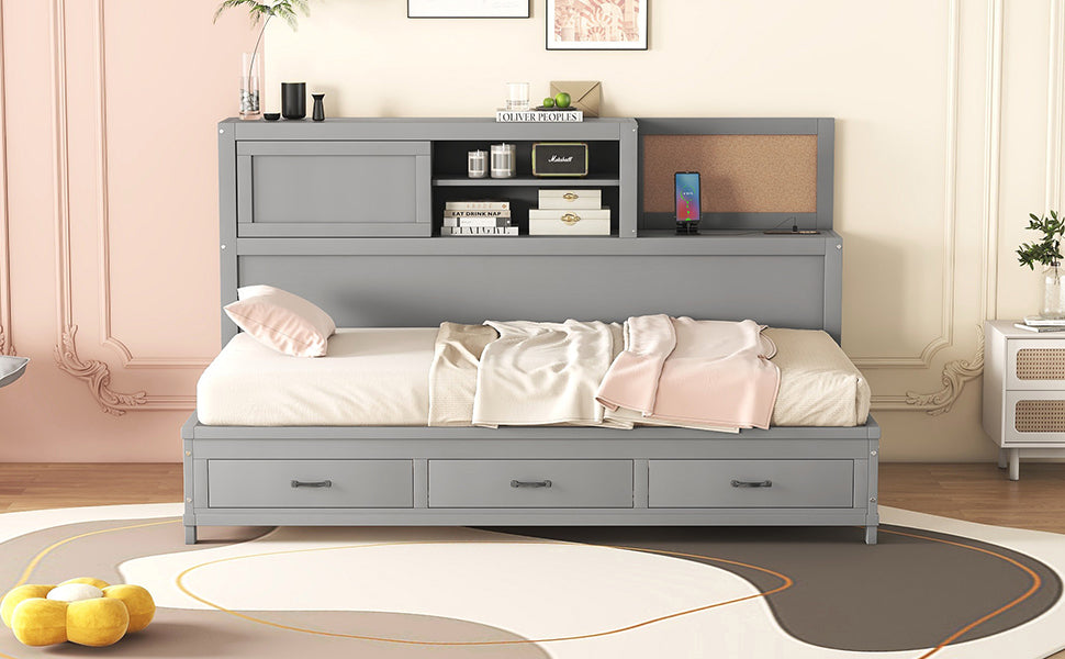 Twin Size Wooden Daybed with 3 Storage Drawers, Upper Soft Board, shelf, and a set of Sockets and USB Ports, Gray - Atlantic Fine Furniture Melbourne FL
