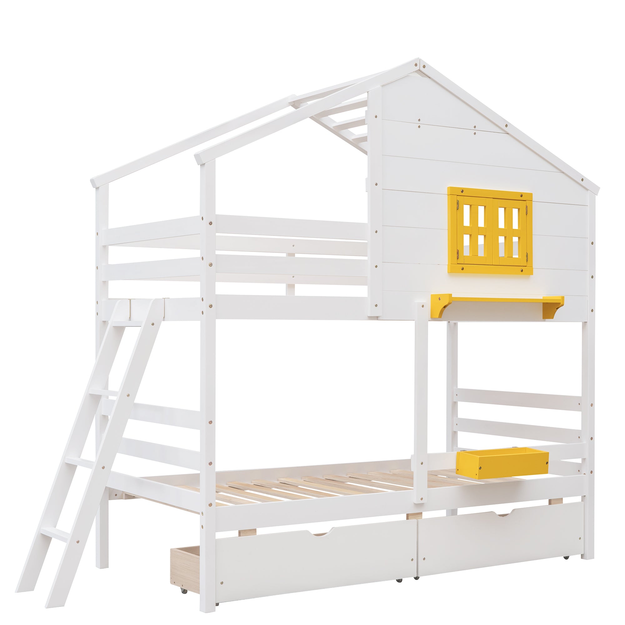 Twin over Twin Bunk Bed with 2 Drawers, 1 Storage Box, 1 Shelf, Window and Roof-White(OLD SKU:LT000608AAK) - Atlantic Fine Furniture Melbourne FL