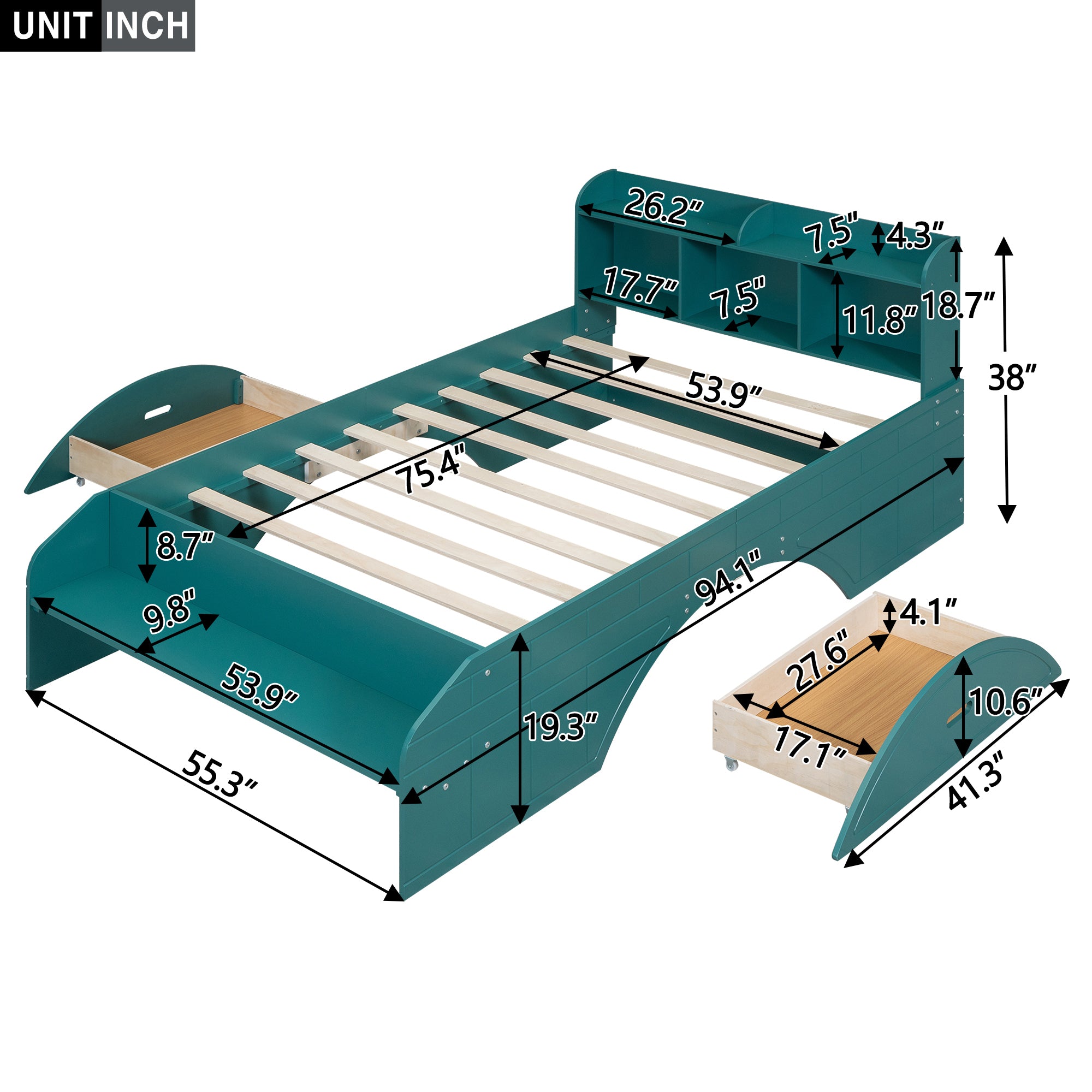 Wood Full Size Platform Bed with 2 Drawers, Storage Headboard and Footboard, Dark Green - Atlantic Fine Furniture Melbourne FL