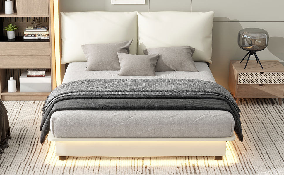Queen Size Upholstered Platform Bed with Sensor Light and Ergonomic Design Backrests, White - Atlantic Fine Furniture Melbourne FL