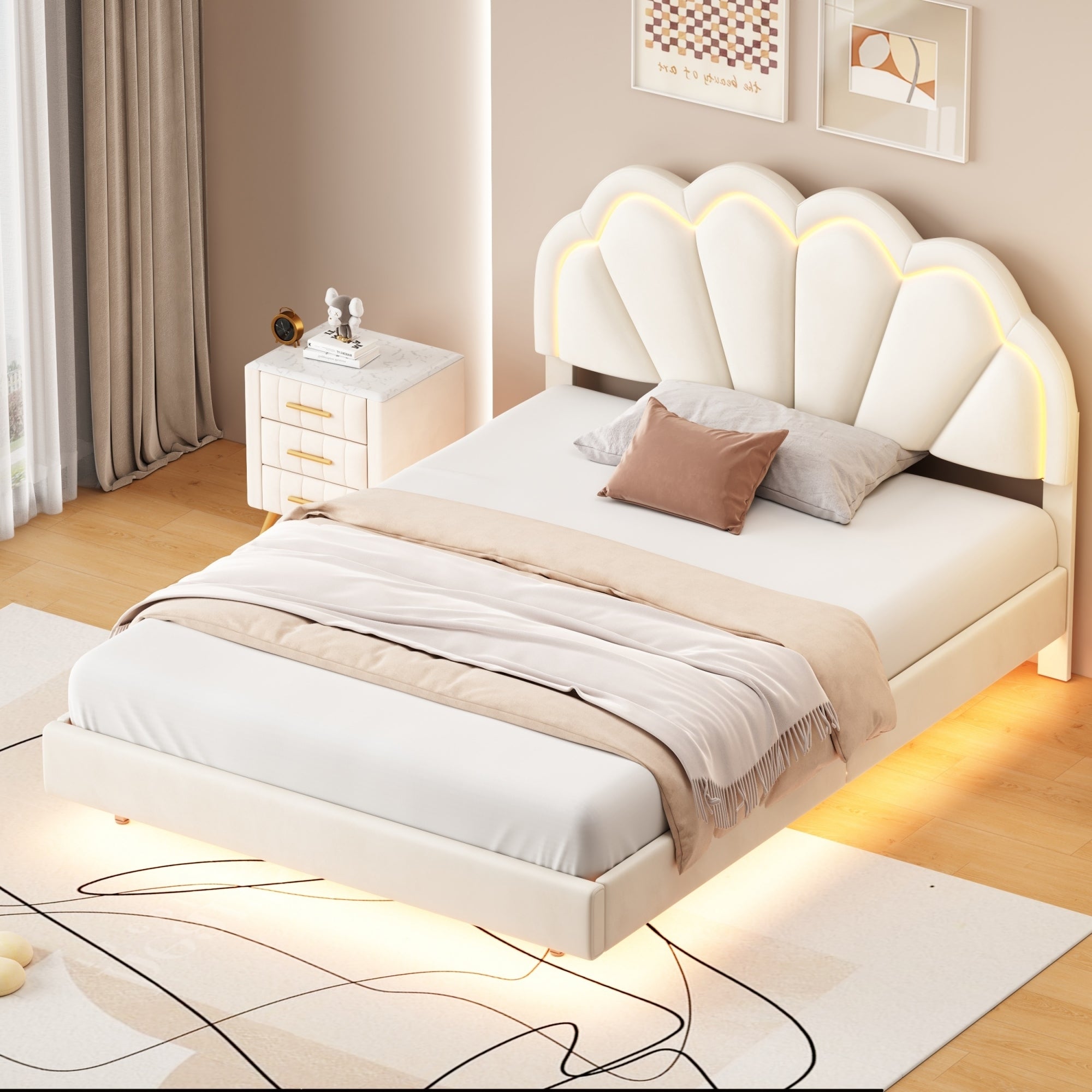 Full Upholstered Smart LED Bed Frame with Elegant Flowers Headboard,Floating Velvet Platform LED Bed with Wooden Slats Support,Beige