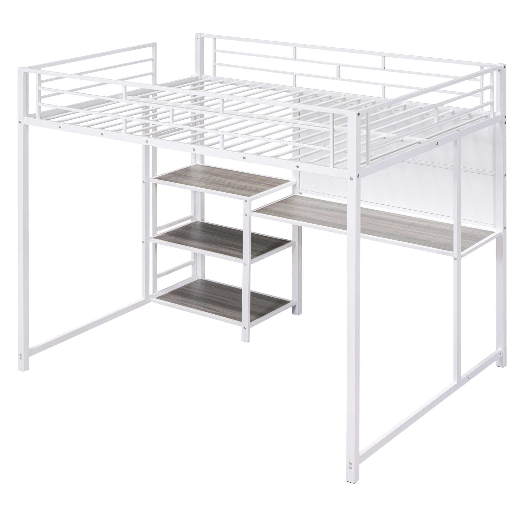 Full Size Loft Bed with Desk and Whiteboard, Metal Loft Bed with 3 Shelves and Ladder, White - Atlantic Fine Furniture Melbourne FL